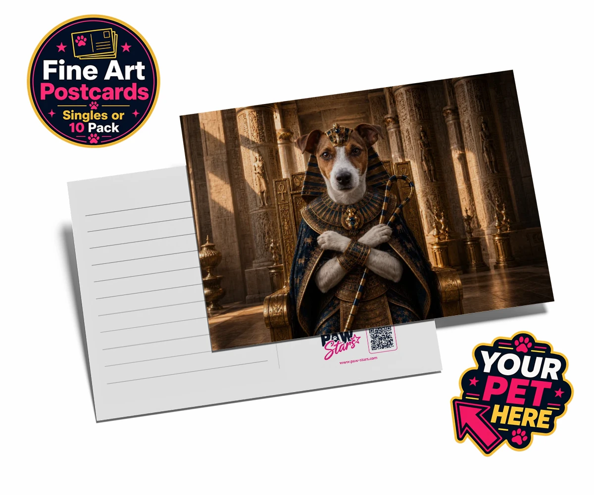 Personalised The Paw Pharaoh dog postcards featuring meet The Paw Pharaoh, a regal canine character fit for royalty!