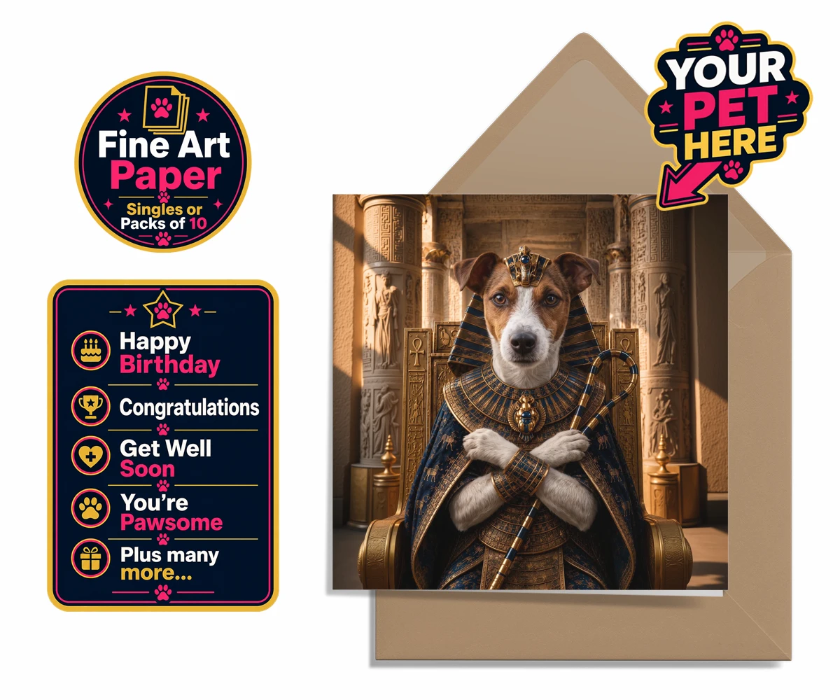 Personalised The Paw Pharaoh dog premium greetings cards featuring meet The Paw Pharaoh, a regal canine character fit for royalty!