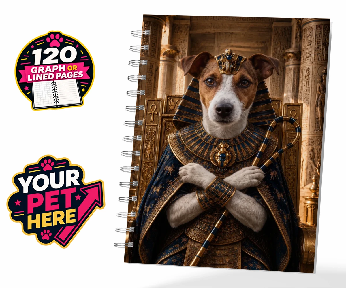 Personalised The Paw Pharaoh dog spiral notebook featuring meet The Paw Pharaoh, a regal canine character fit for royalty!