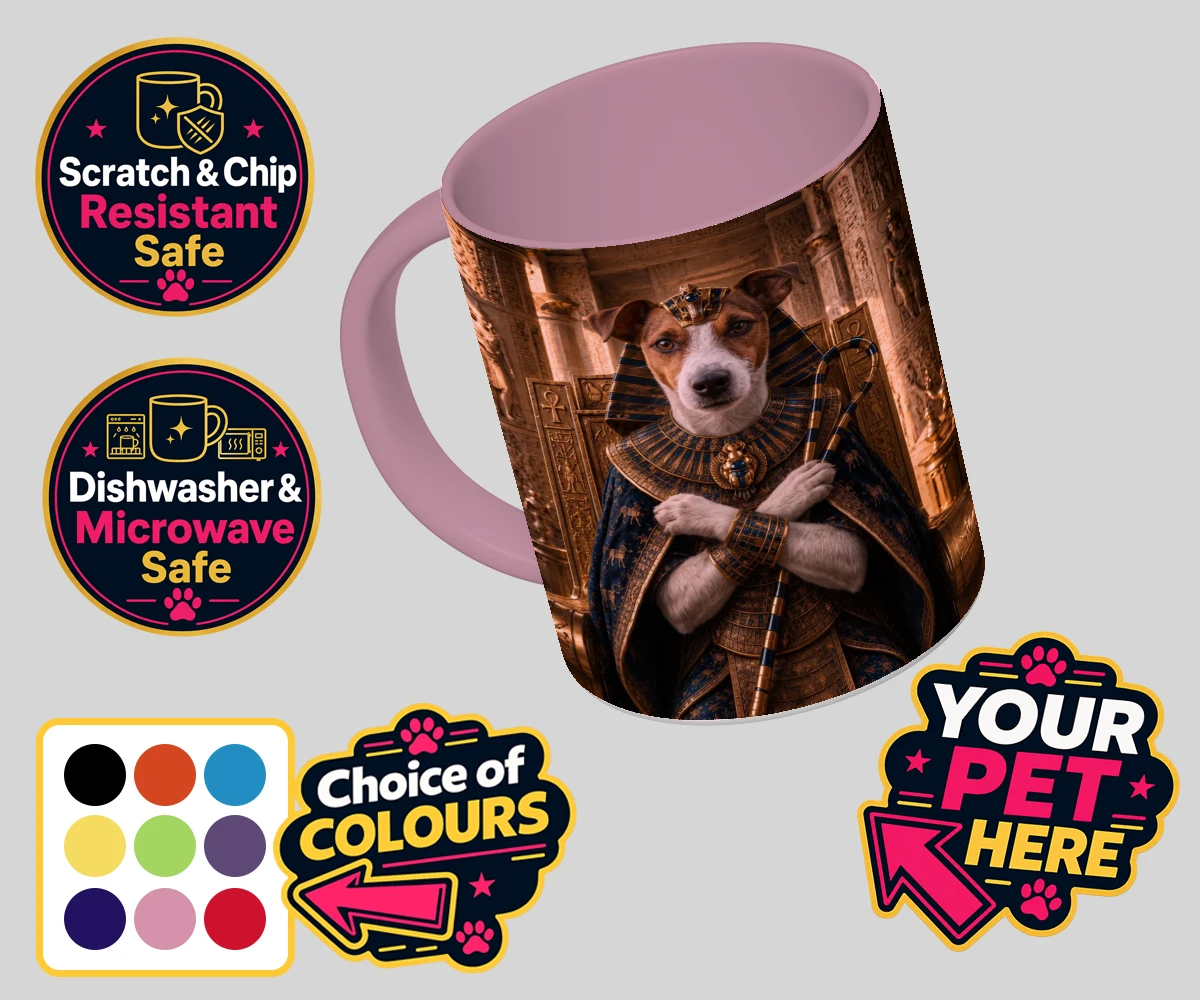 Personalised The Paw Pharaoh dog coloured photo mugs featuring meet The Paw Pharaoh, a regal canine character fit for royalty!
