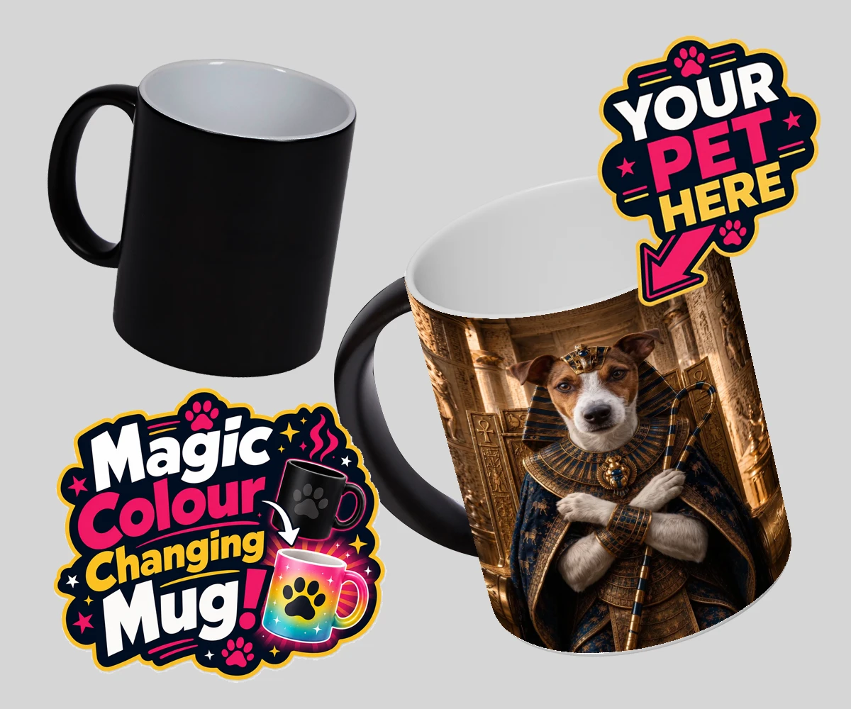 Personalised The Paw Pharaoh dog magic photo mugs featuring meet The Paw Pharaoh, a regal canine character fit for royalty!