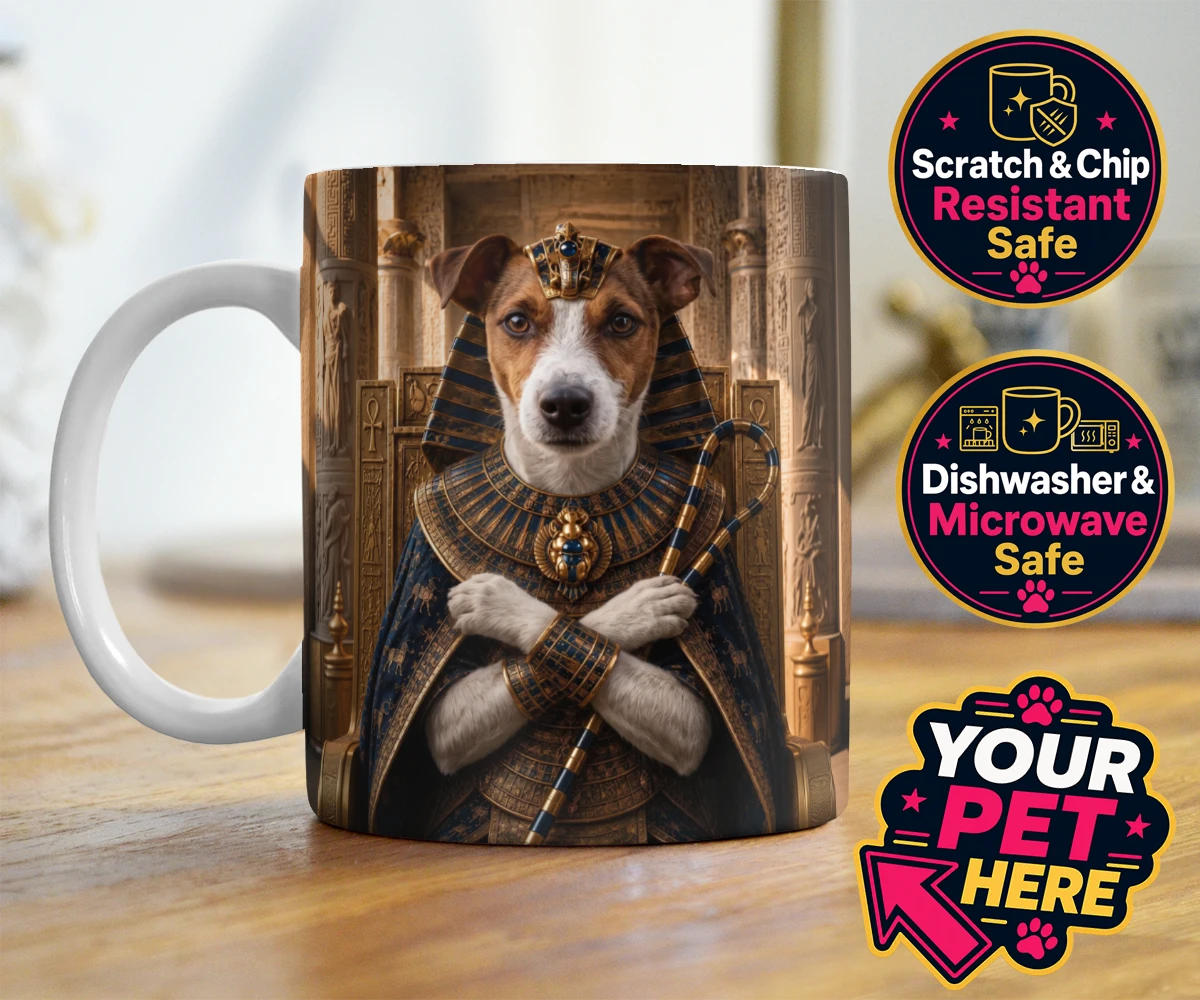 Personalised The Paw Pharaoh dog photo mugs featuring meet The Paw Pharaoh, a regal canine character fit for royalty!