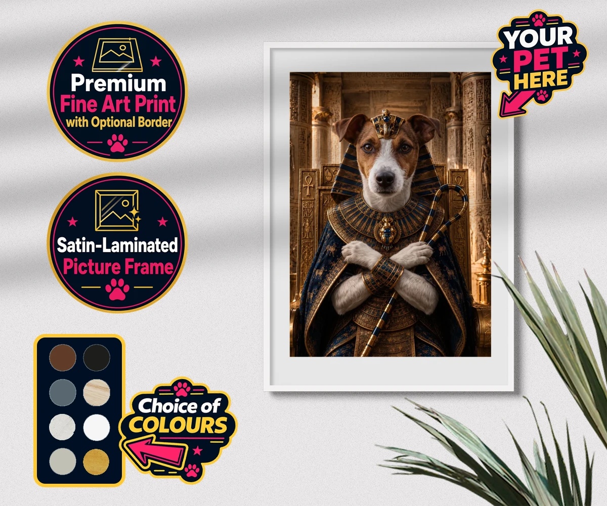 Personalised The Paw Pharaoh dog premium framed print featuring meet The Paw Pharaoh, a regal canine character fit for royalty!