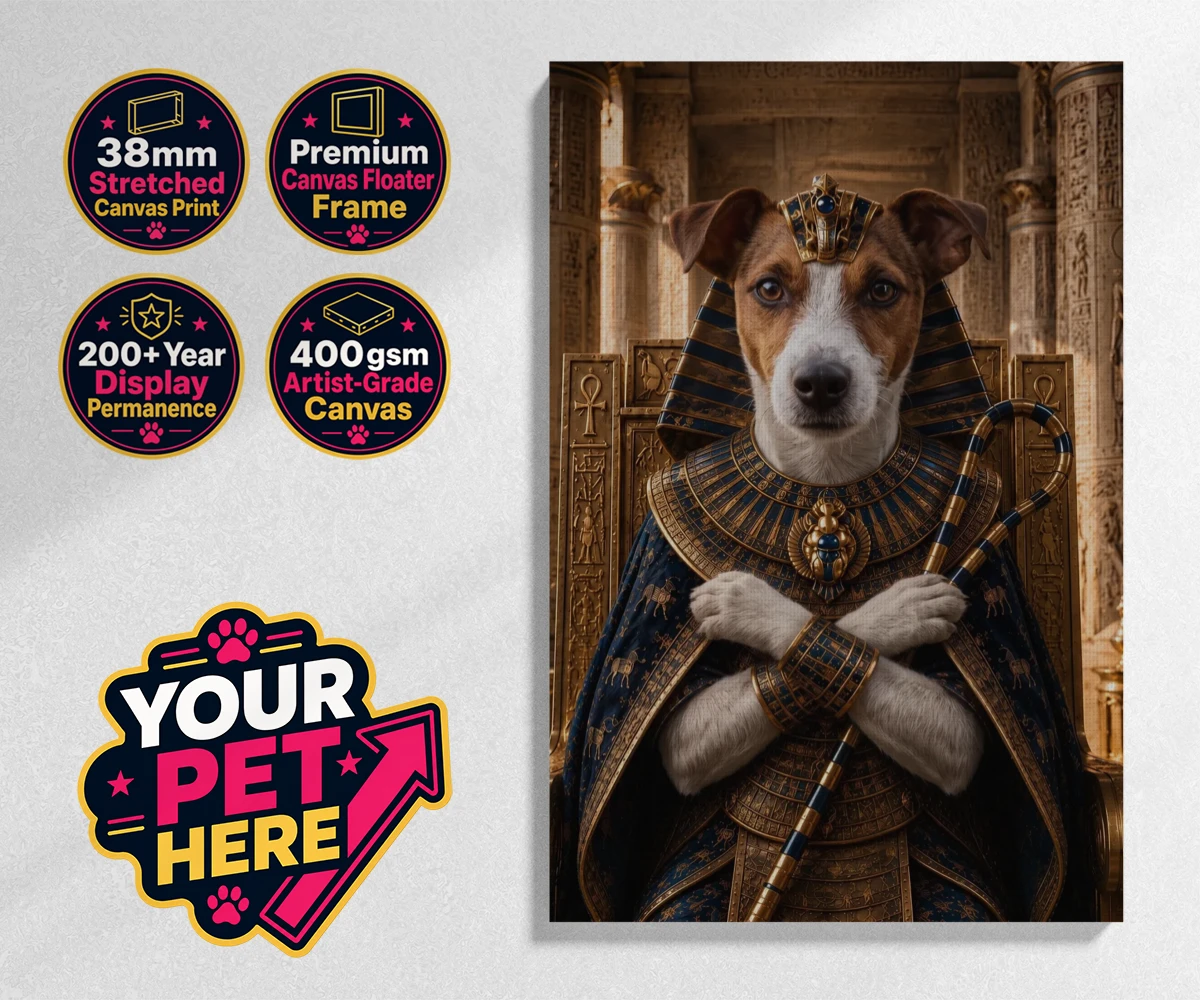 Personalised The Paw Pharaoh dog stretched canvas print featuring meet The Paw Pharaoh, a regal canine character fit for royalty!