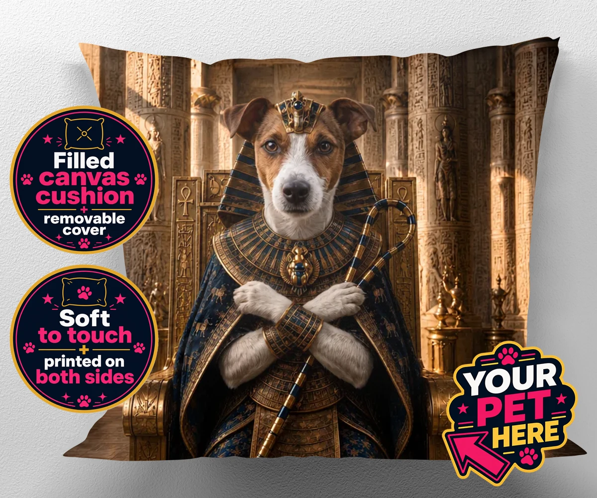 Personalised The Paw Pharaoh dog canvas cushions featuring meet The Paw Pharaoh, a regal canine character fit for royalty!