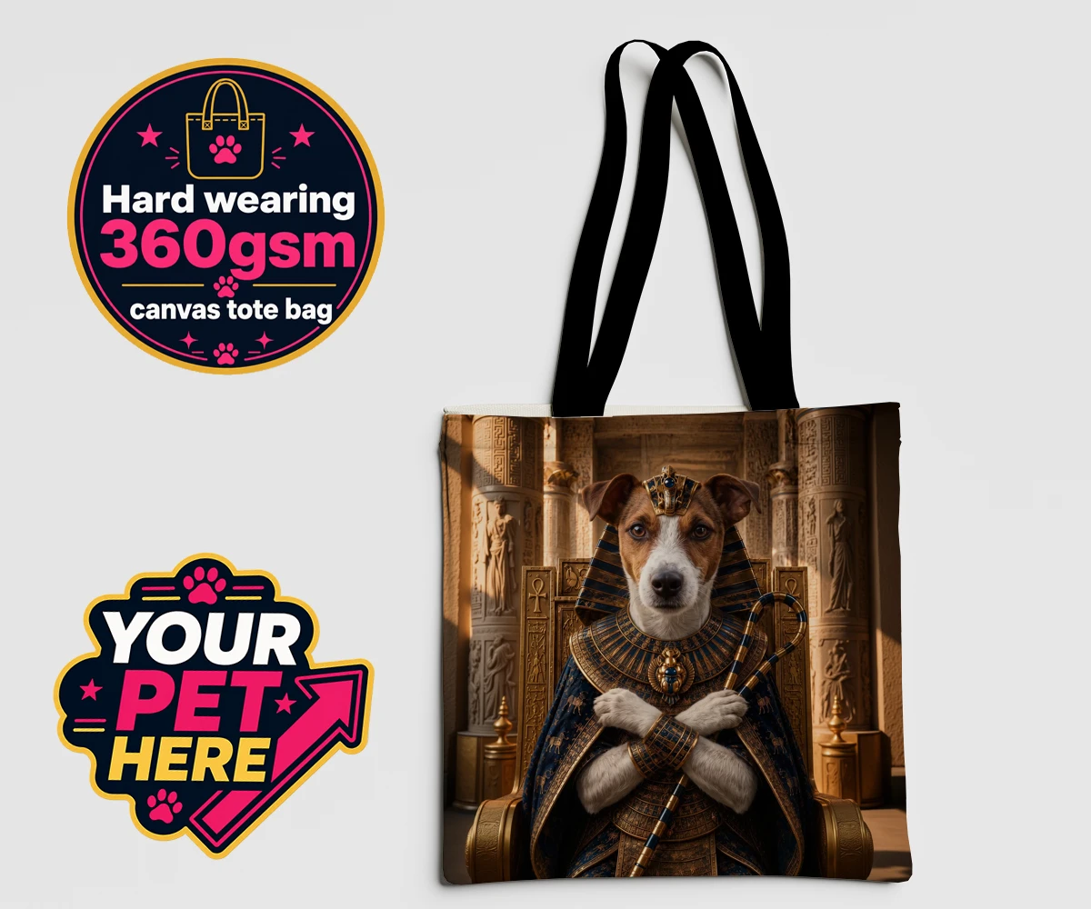 Personalised The Paw Pharaoh dog canvas tote bags featuring meet The Paw Pharaoh, a regal canine character fit for royalty!