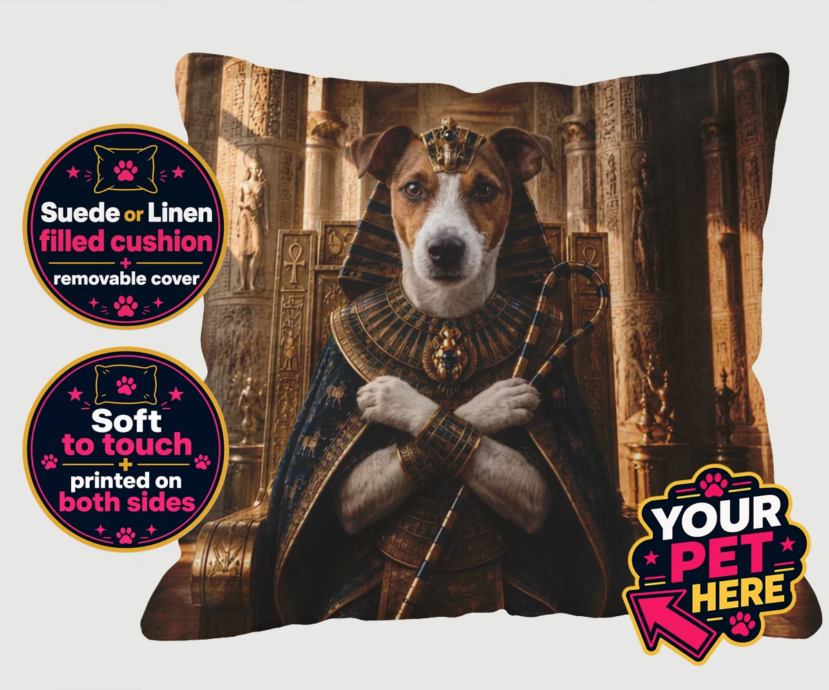Personalised The Paw Pharaoh dog cushions featuring meet The Paw Pharaoh, a regal canine character fit for royalty!