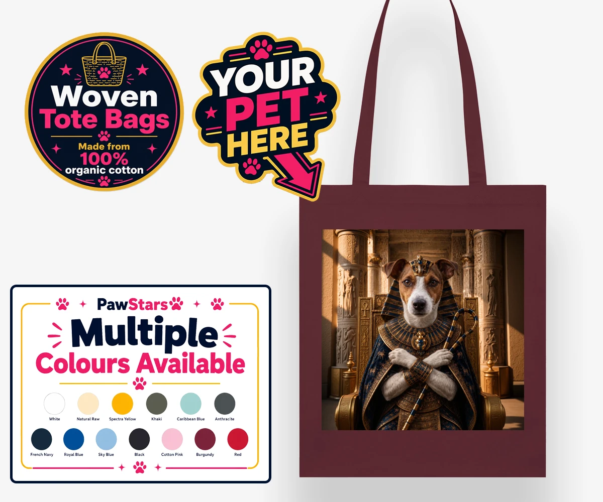 Personalised The Paw Pharaoh dog woven tote bags featuring meet The Paw Pharaoh, a regal canine character fit for royalty!