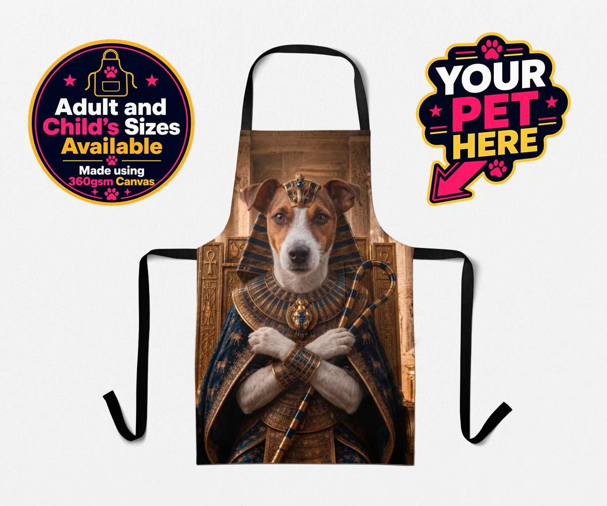 Personalised The Paw Pharaoh dog aprons featuring meet The Paw Pharaoh, a regal canine character fit for royalty!