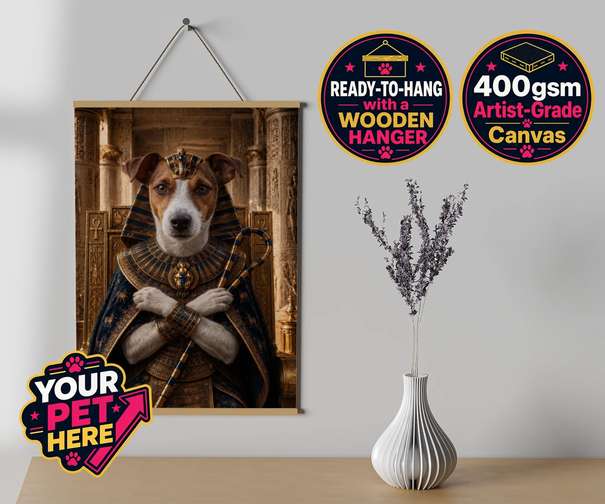 Personalised The Paw Pharaoh dog canvas poster prints with hanger featuring meet The Paw Pharaoh, a regal canine character fit for royalty!