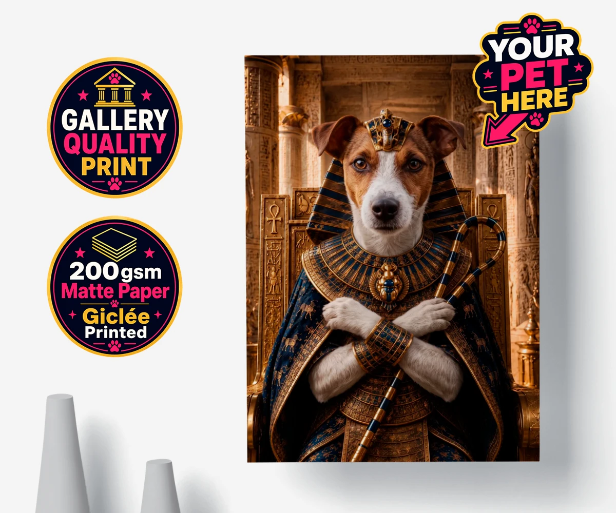 Personalised The Paw Pharaoh dog premium poster print featuring meet The Paw Pharaoh, a regal canine character fit for royalty!