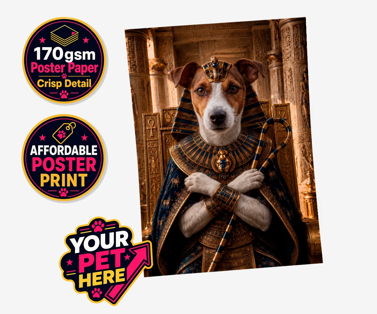 Personalised The Paw Pharaoh dog standard poster print featuring meet The Paw Pharaoh, a regal canine character fit for royalty!