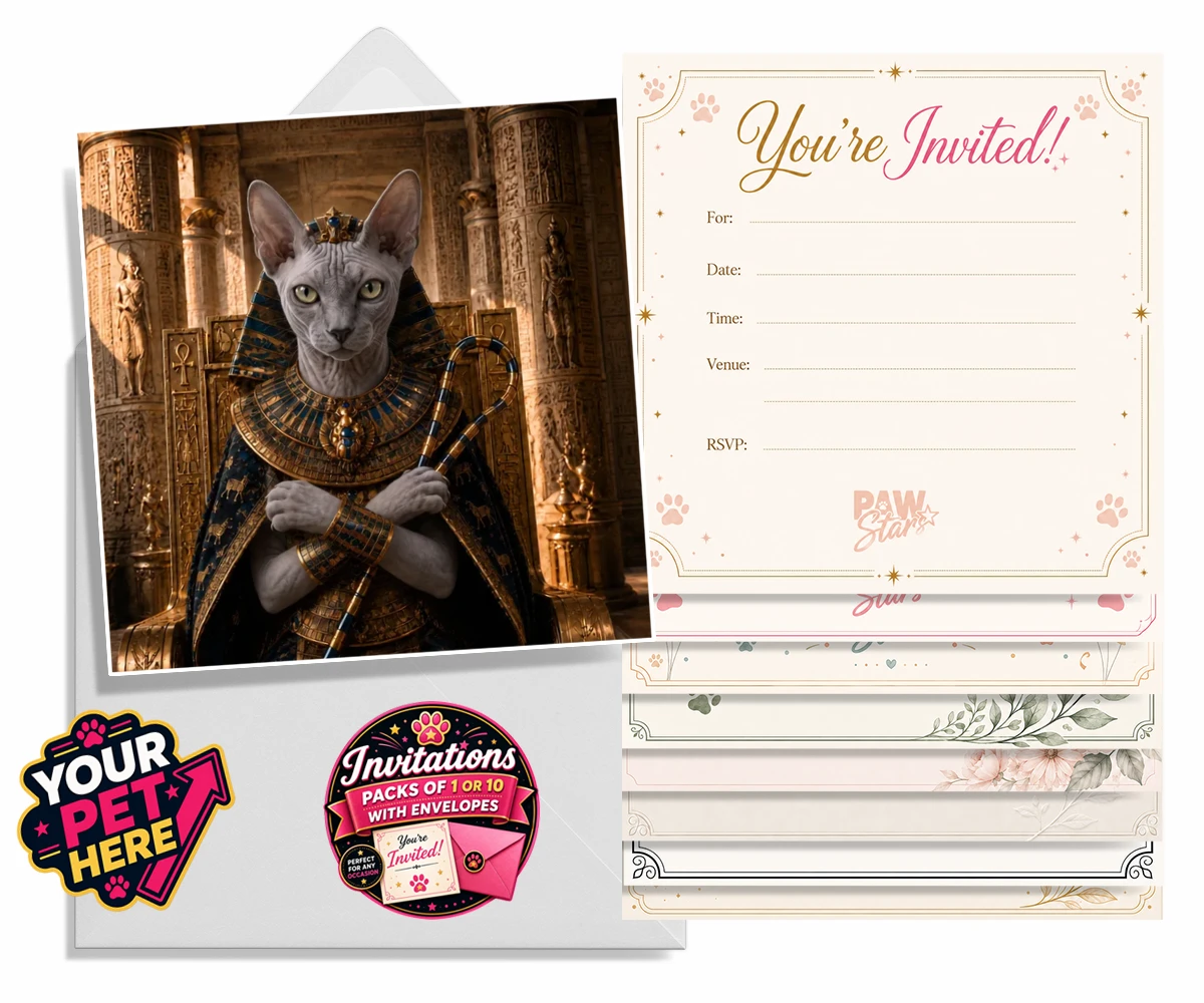 Personalised The Paw Pharaoh cat invitations featuring step into the realm of regal elegance with "The Paw Pharaoh," a stunni