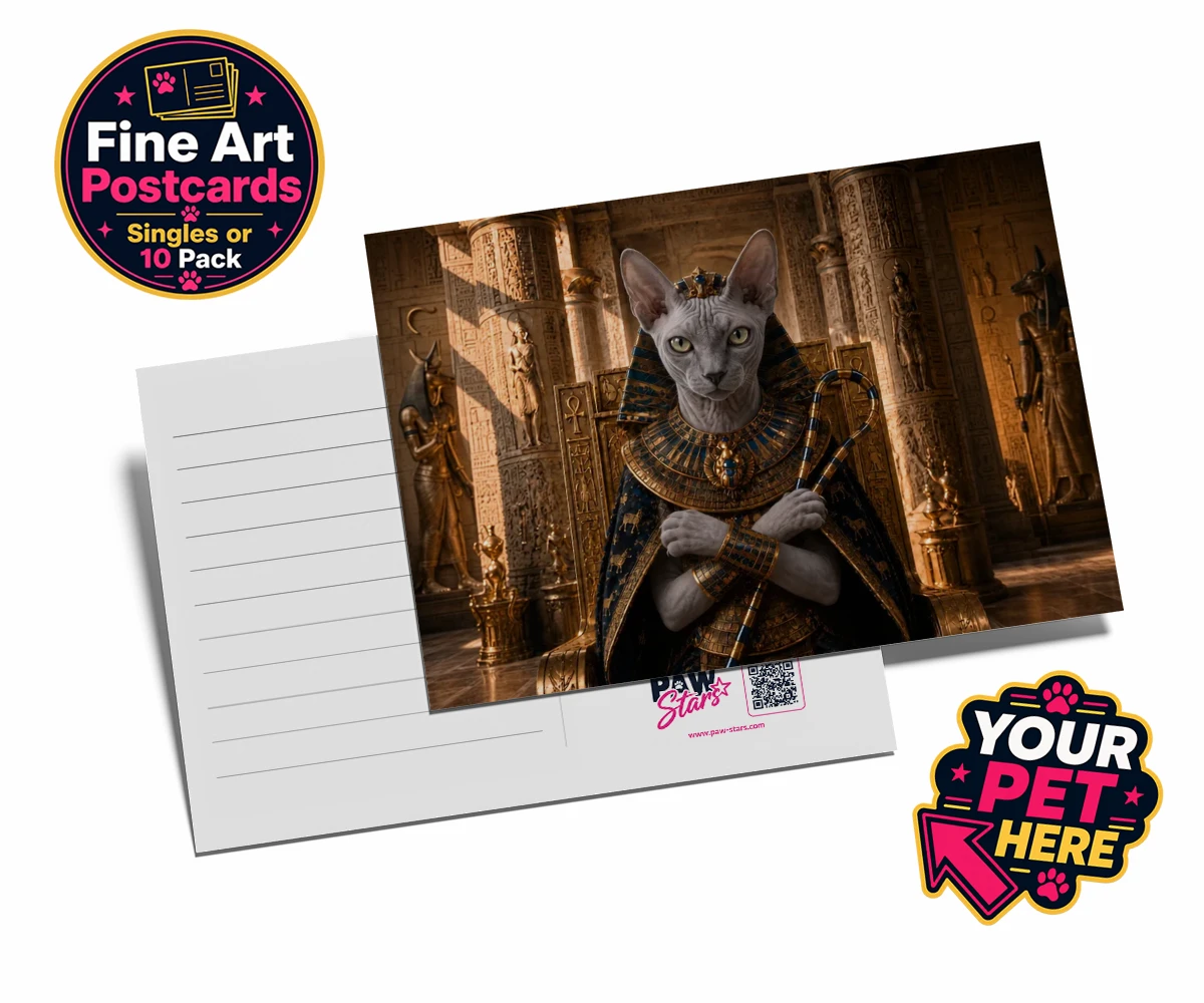 Personalised The Paw Pharaoh cat postcards featuring step into the realm of regal elegance with "The Paw Pharaoh," a stunni