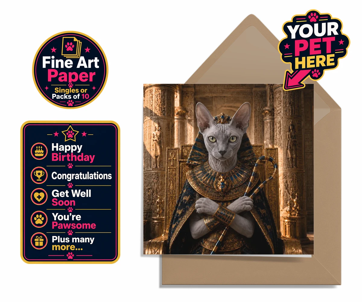 Personalised The Paw Pharaoh cat premium greetings cards featuring step into the realm of regal elegance with "The Paw Pharaoh," a stunni