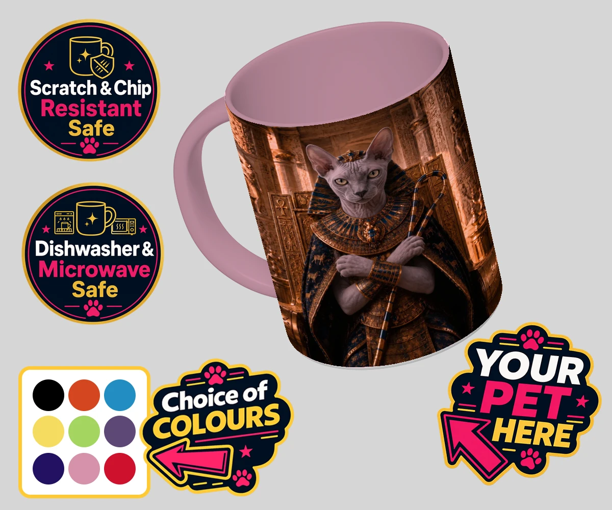 Personalised The Paw Pharaoh cat coloured photo mugs featuring step into the realm of regal elegance with "The Paw Pharaoh," a stunni