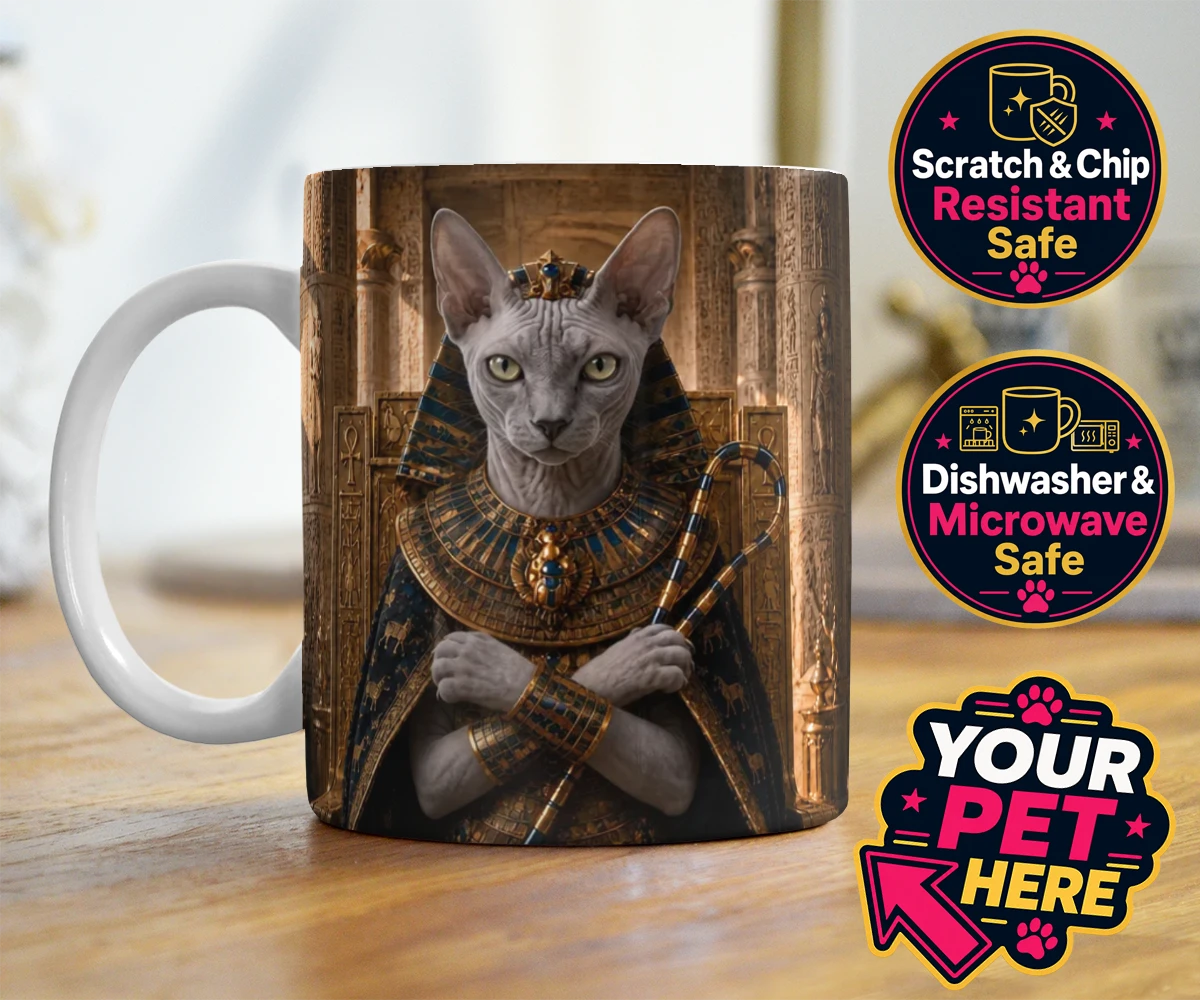 Personalised The Paw Pharaoh cat photo mugs featuring step into the realm of regal elegance with "The Paw Pharaoh," a stunni