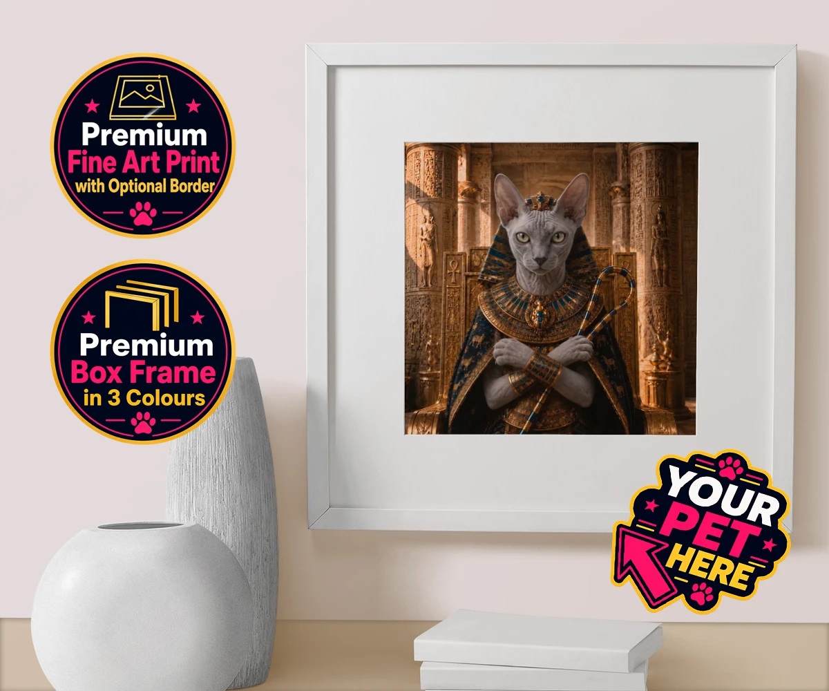 Personalised The Paw Pharaoh cat box framed print featuring step into the realm of regal elegance with "The Paw Pharaoh," a stunni