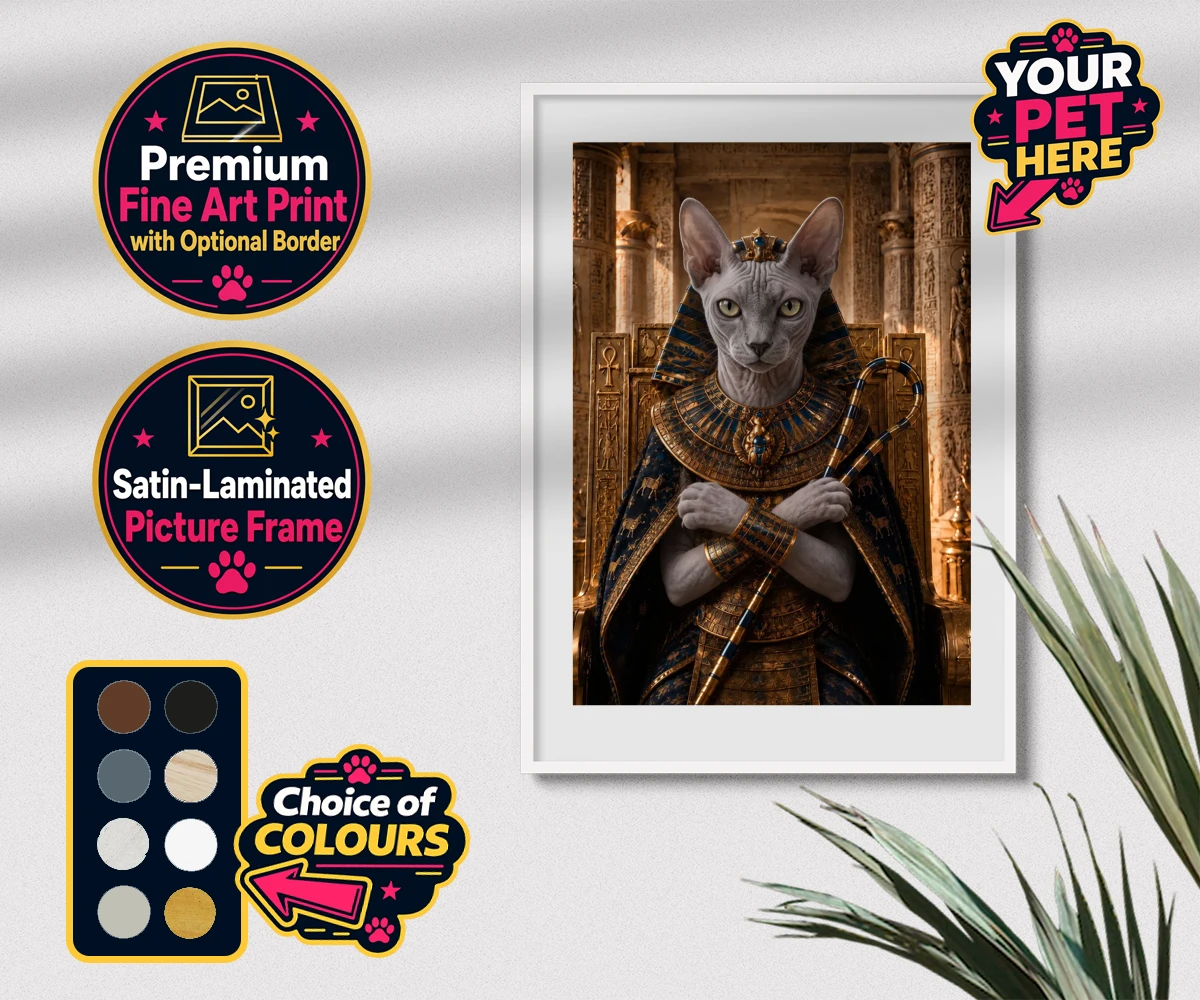 Personalised The Paw Pharaoh cat premium framed print featuring step into the realm of regal elegance with "The Paw Pharaoh," a stunni