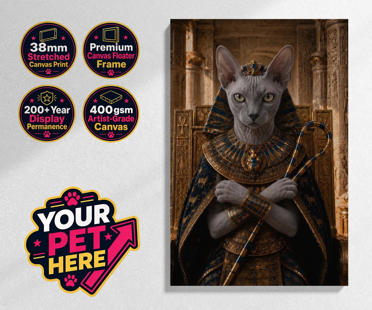 Personalised The Paw Pharaoh cat stretched canvas print featuring step into the realm of regal elegance with "The Paw Pharaoh," a stunni