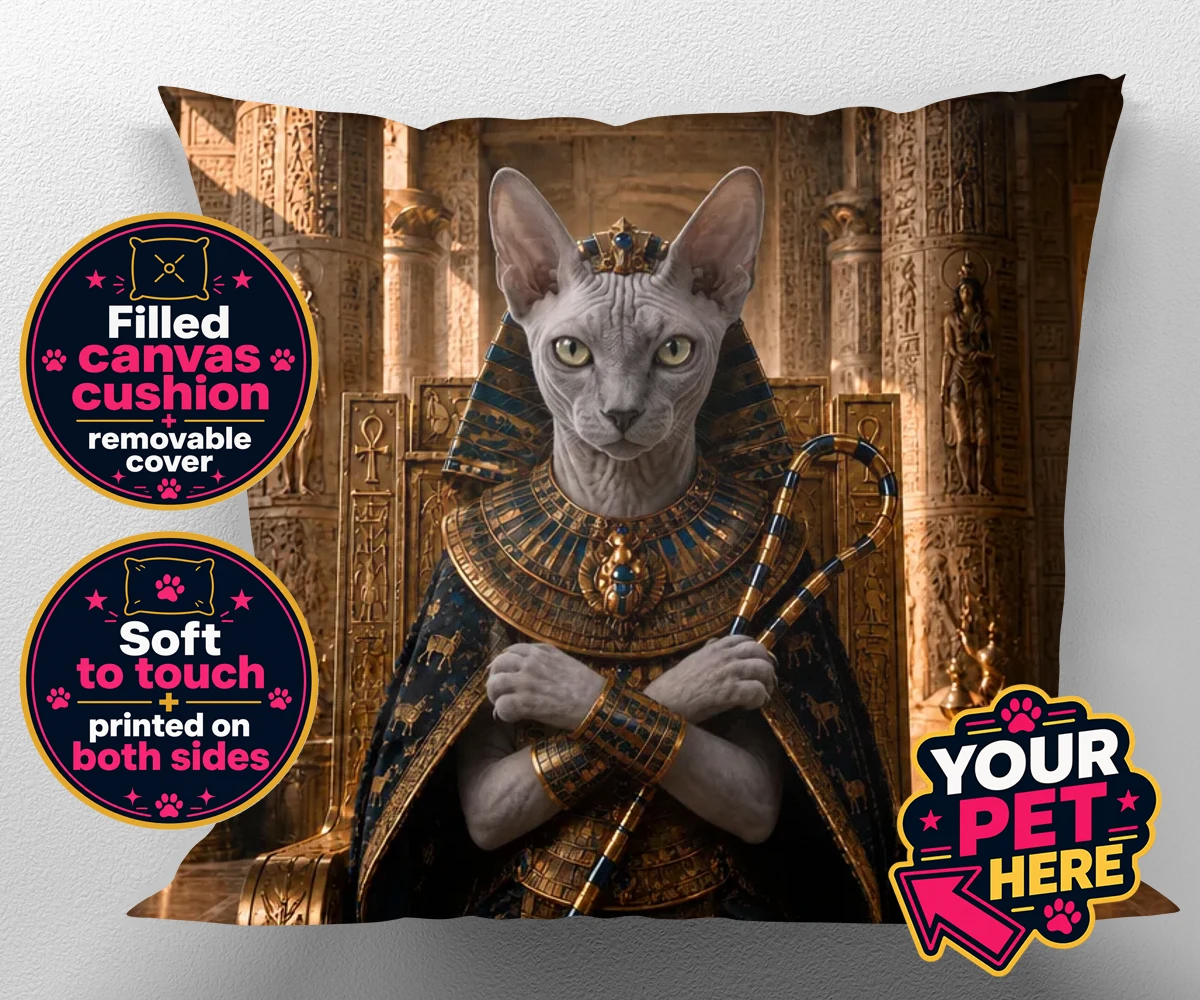 Personalised The Paw Pharaoh cat canvas cushions featuring step into the realm of regal elegance with "The Paw Pharaoh," a stunni