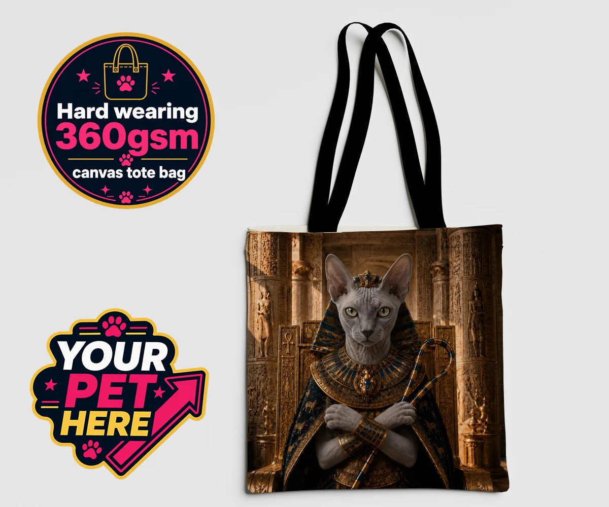 Personalised The Paw Pharaoh cat canvas tote bags featuring step into the realm of regal elegance with "The Paw Pharaoh," a stunni