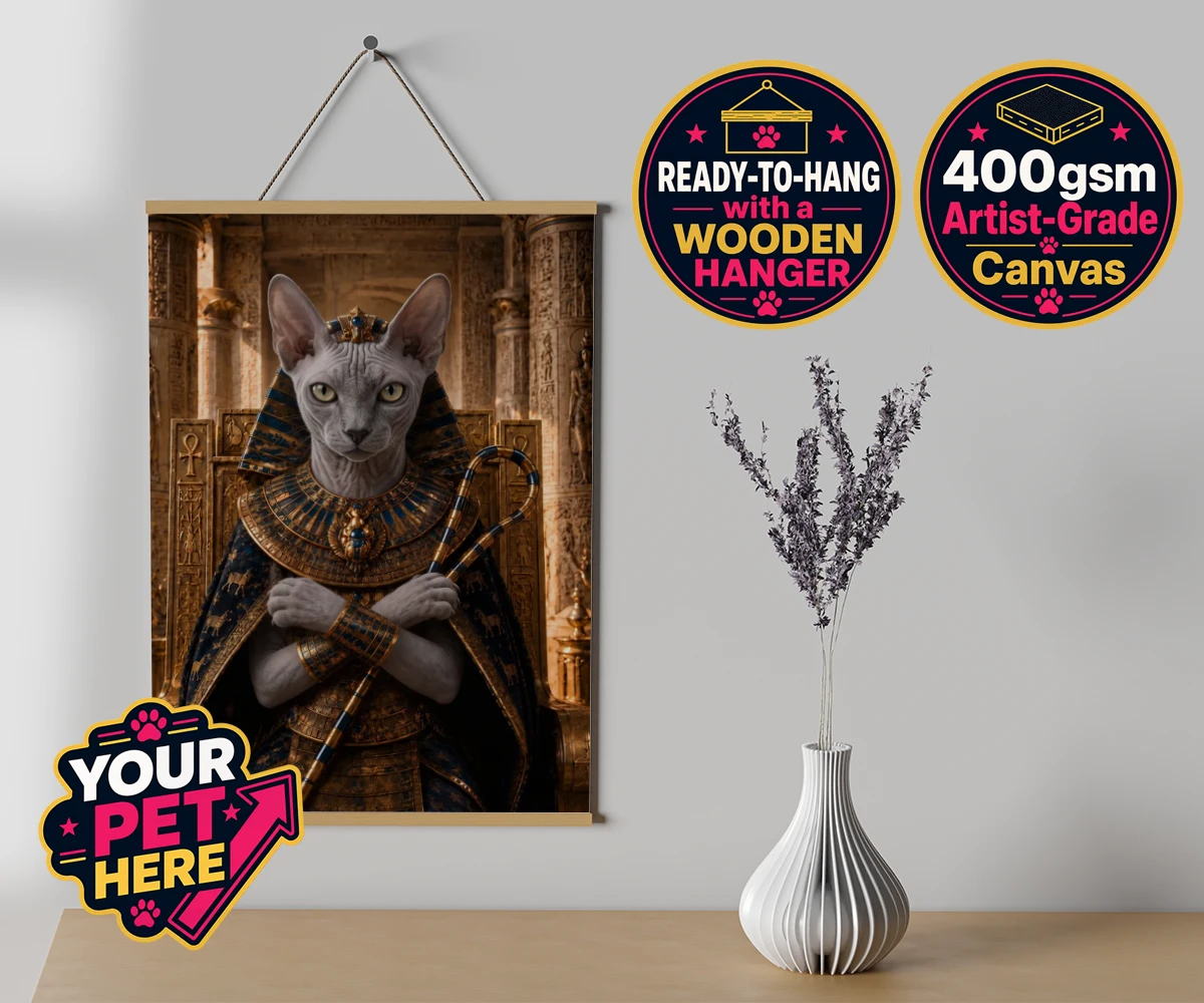 Personalised The Paw Pharaoh cat canvas poster prints with hanger featuring a majestic feline fit for the throne!