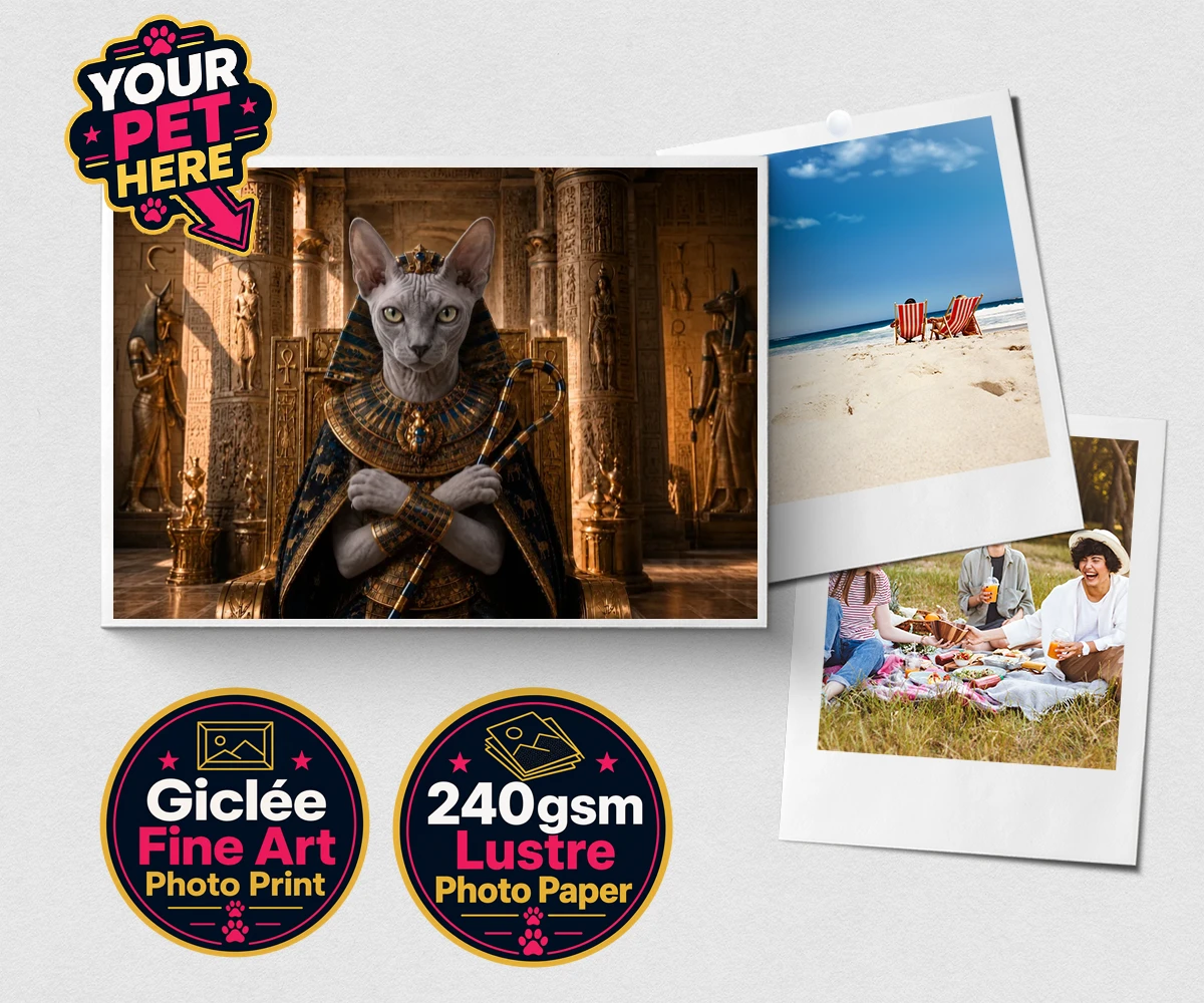 Personalised The Paw Pharaoh cat premium photo print featuring a majestic feline fit for the throne!