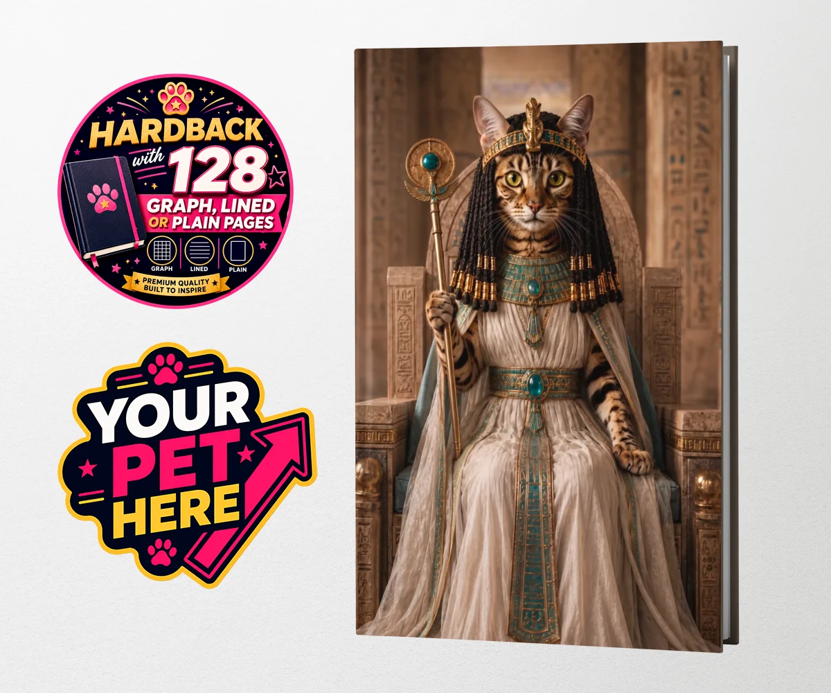 Personalised Queen Of The Nile cat hardback notebooks featuring " where your feline friend commands the throne as a regal Egyptian mon