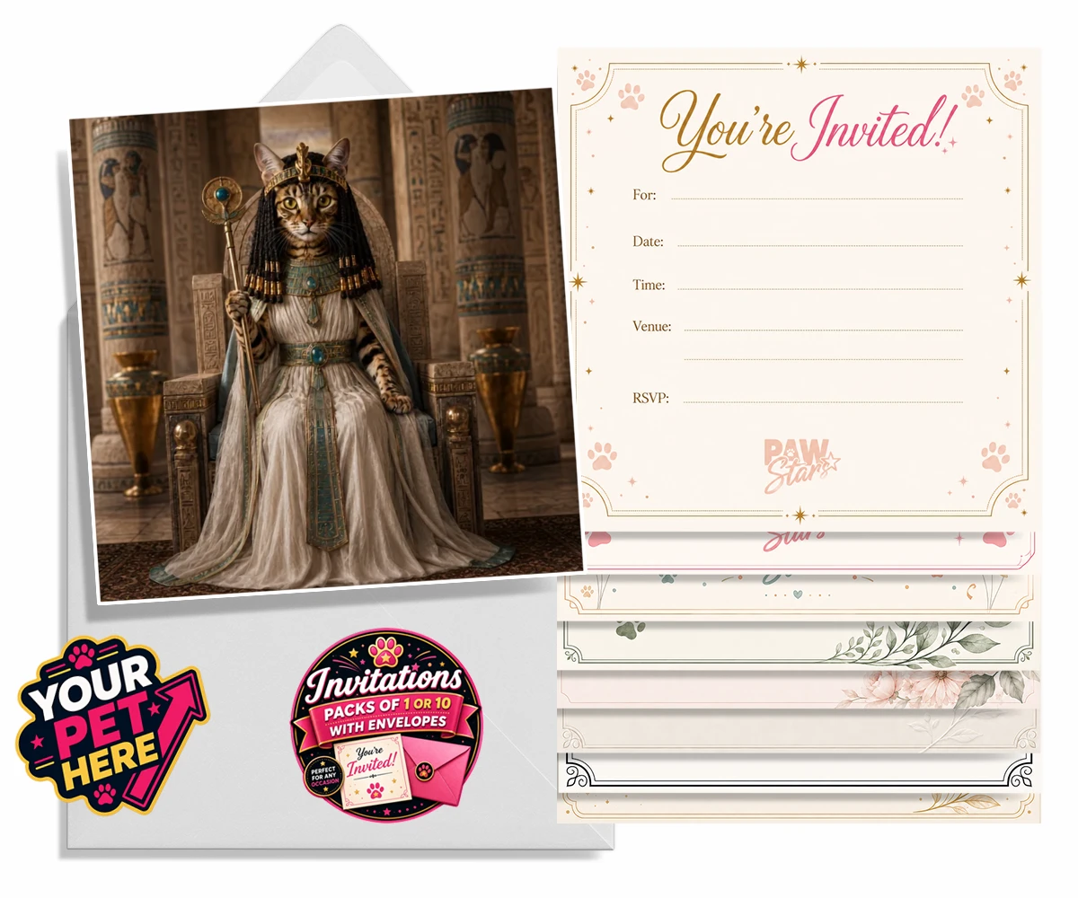 Personalised Queen Of The Nile cat invitations featuring " where your feline friend commands the throne as a regal Egyptian mon
