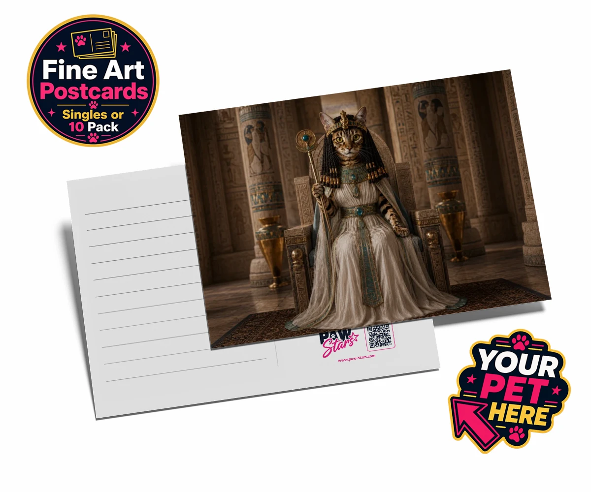 Personalised Queen Of The Nile cat postcards featuring " where your feline friend commands the throne as a regal Egyptian mon