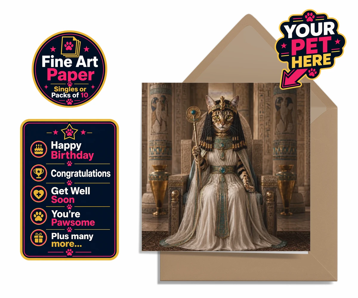 Personalised Queen Of The Nile cat premium greetings cards featuring " where your feline friend commands the throne as a regal Egyptian mon