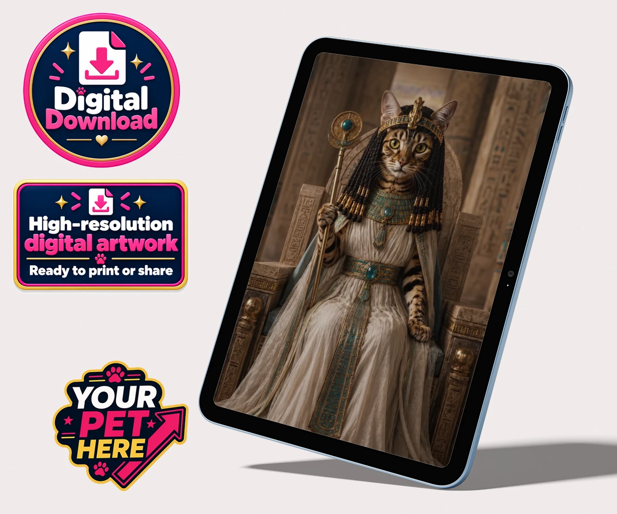 Personalised Queen Of The Nile cat personalised digital downloads featuring " where your feline friend commands the throne as a regal Egyptian mon