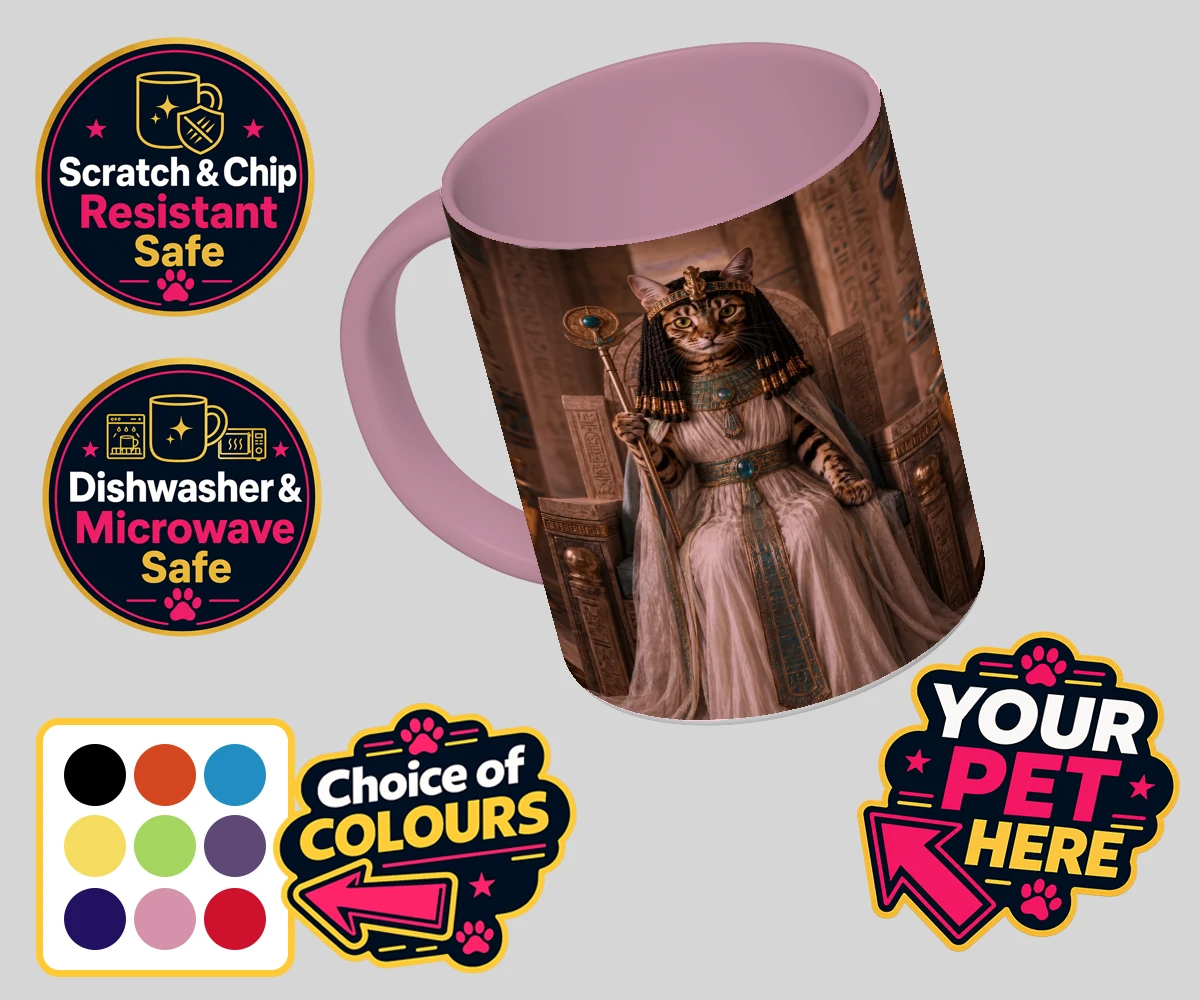 Personalised Queen Of The Nile cat coloured photo mugs featuring " where your feline friend commands the throne as a regal Egyptian mon