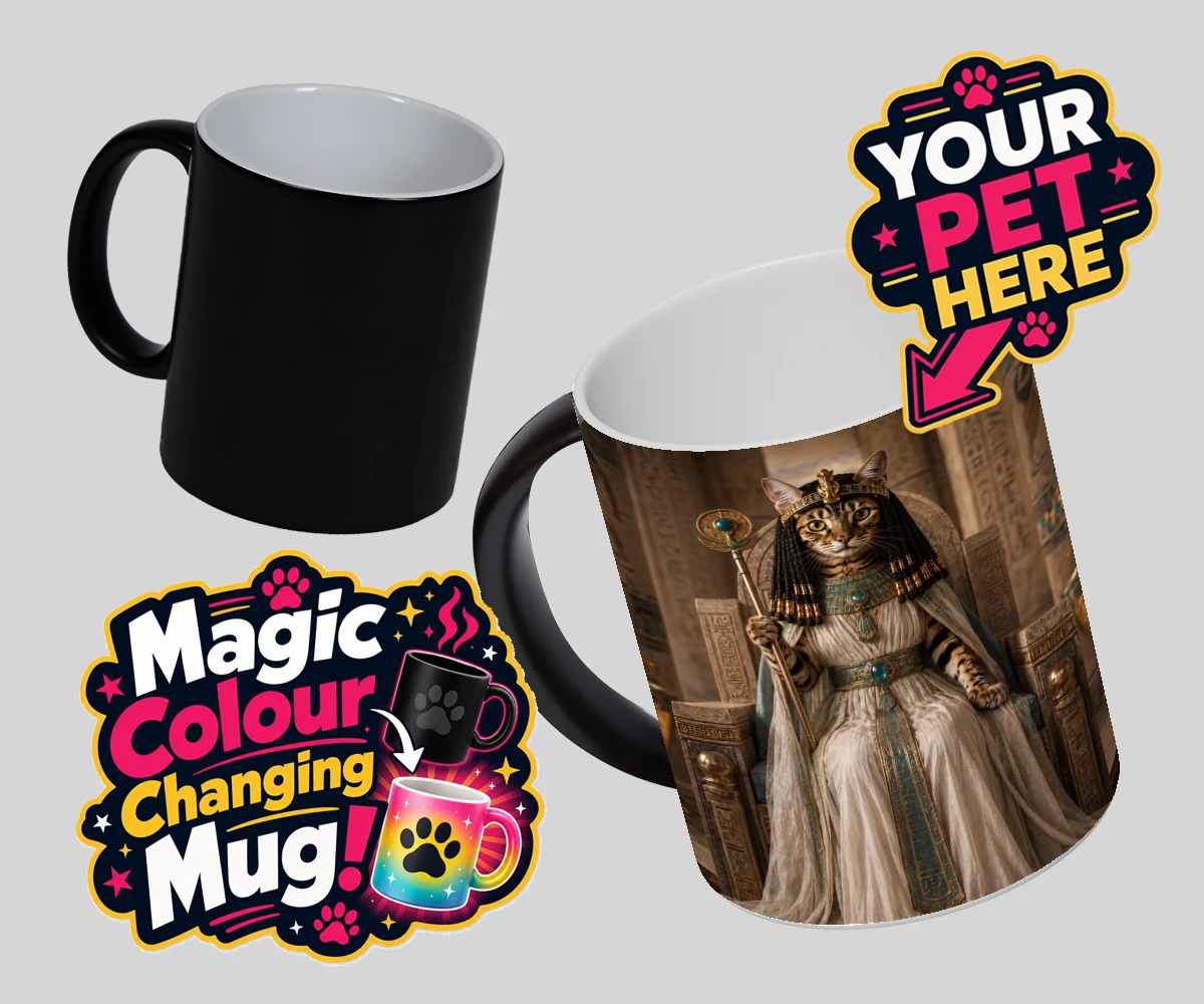 Personalised Queen Of The Nile cat magic photo mugs featuring " where your feline friend commands the throne as a regal Egyptian mon