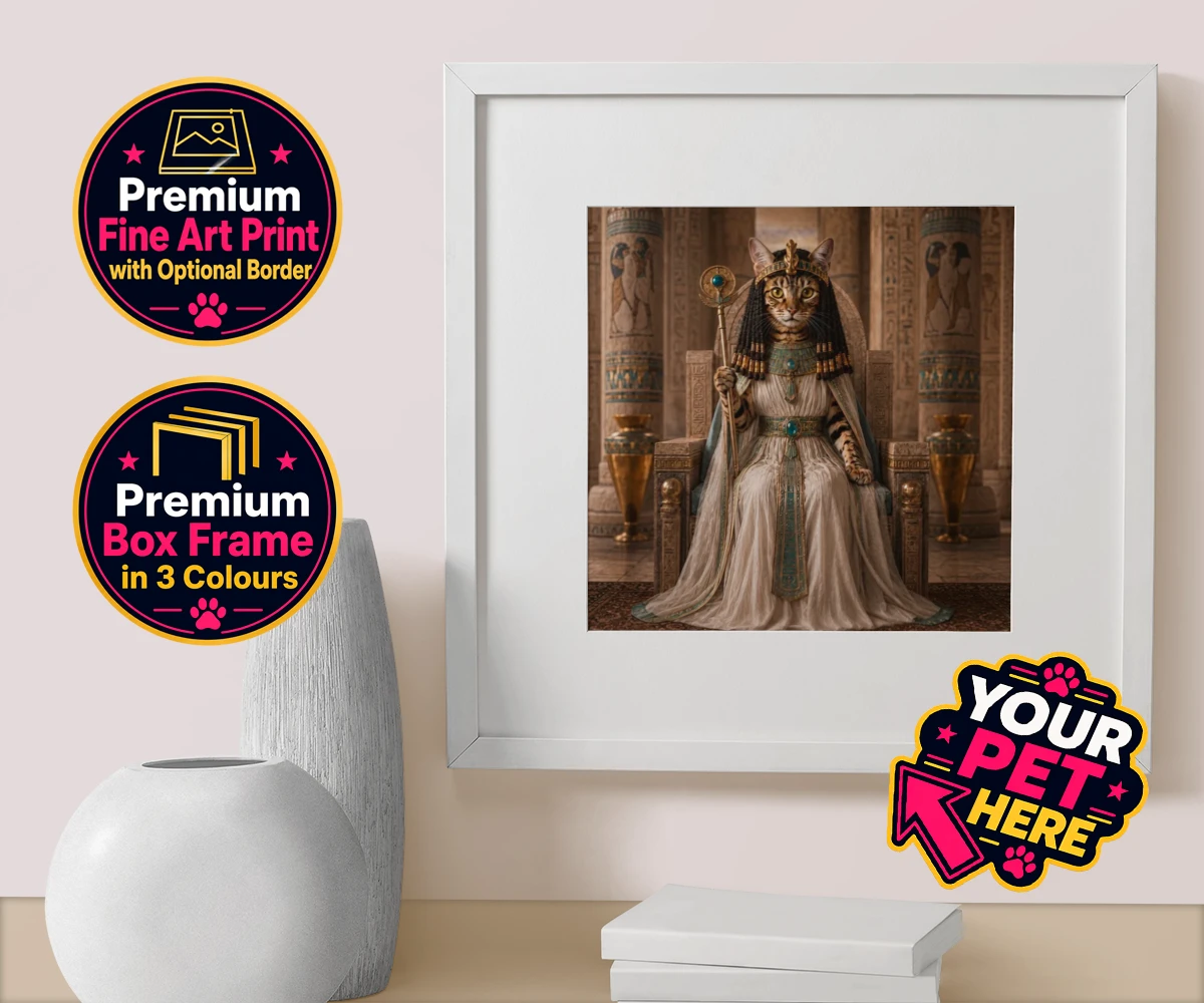 Personalised Queen Of The Nile cat box framed print featuring " where your feline friend commands the throne as a regal Egyptian mon