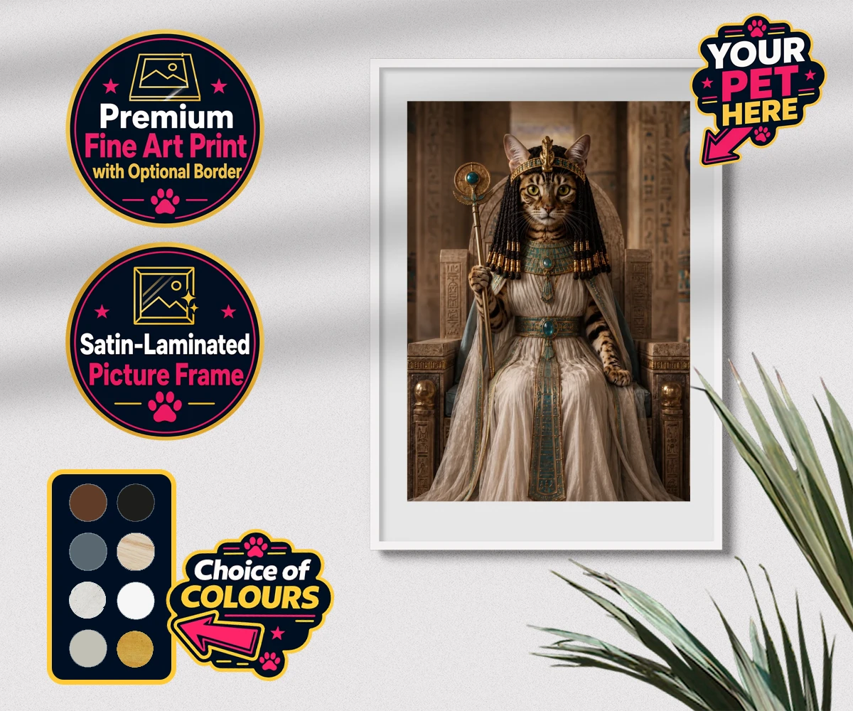 Personalised Queen Of The Nile cat premium framed print featuring " where your feline friend commands the throne as a regal Egyptian mon