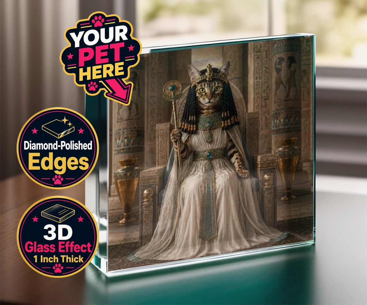 Personalised Queen Of The Nile cat acrylic prisms featuring " where your feline friend commands the throne as a regal Egyptian mon