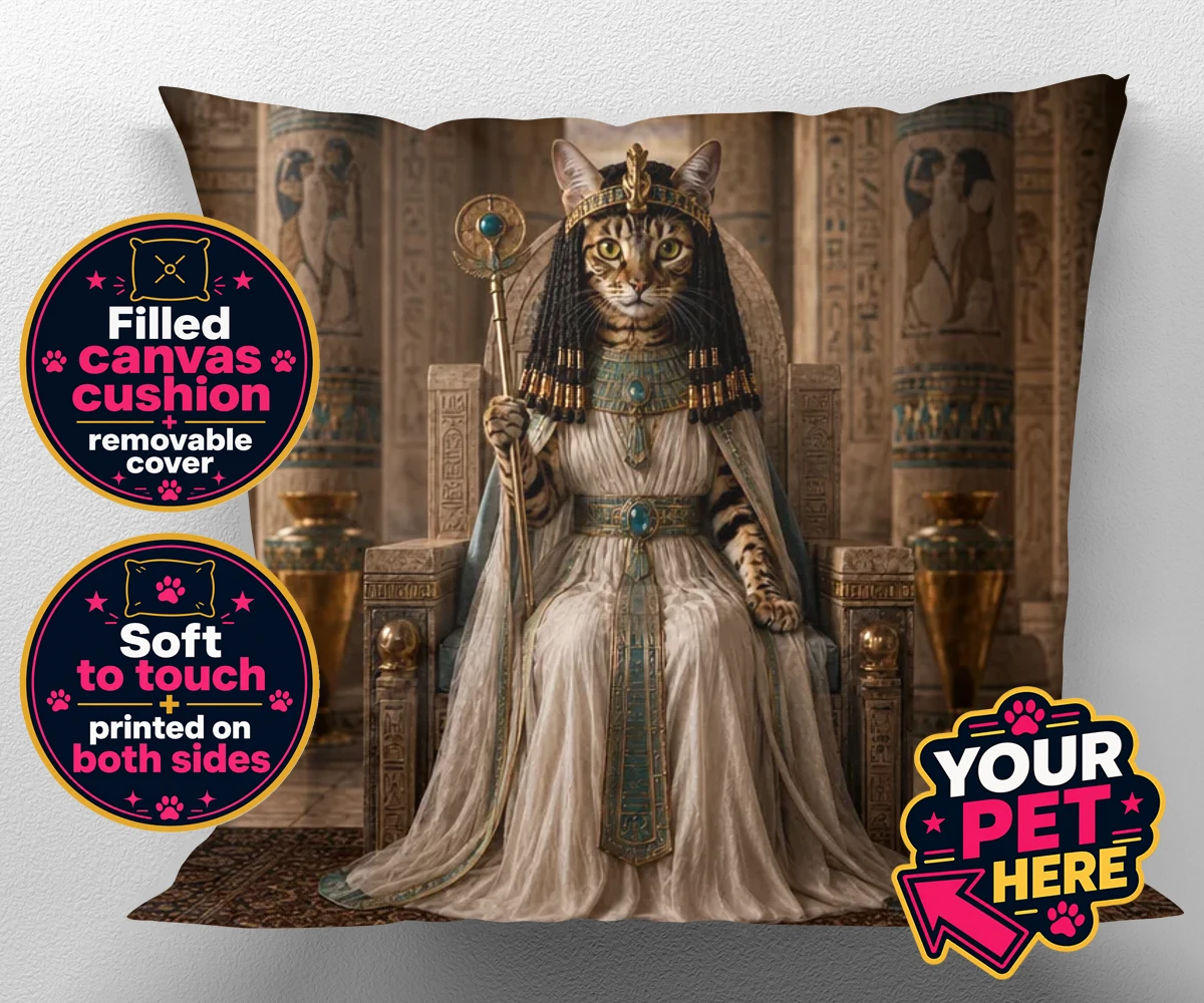 Personalised Queen Of The Nile cat canvas cushions featuring " where your feline friend commands the throne as a regal Egyptian mon