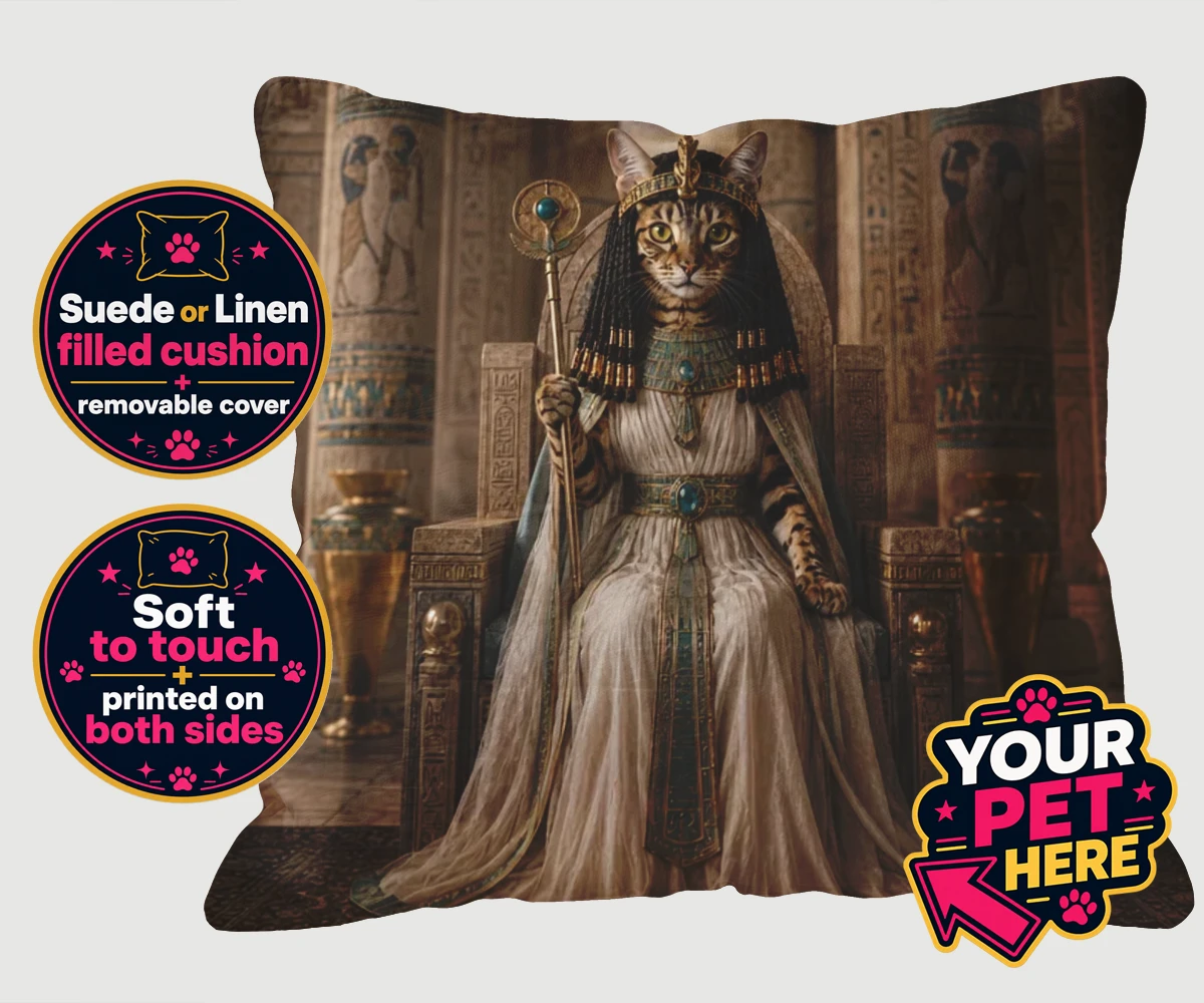 Personalised Queen Of The Nile cat cushions featuring " where your feline friend commands the throne as a regal Egyptian mon