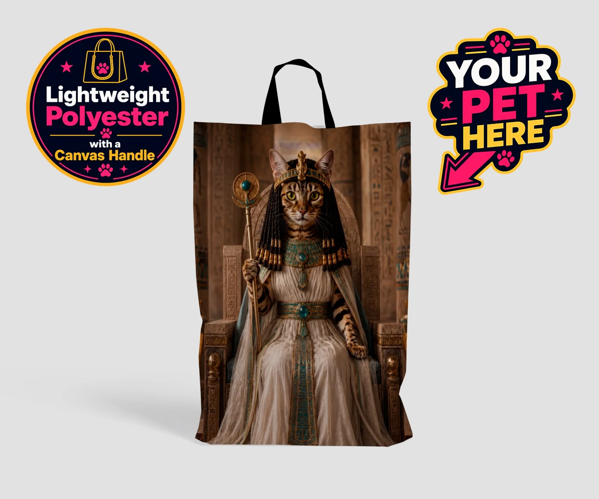 Personalised Queen Of The Nile cat shopping bags featuring " where your feline friend commands the throne as a regal Egyptian mon