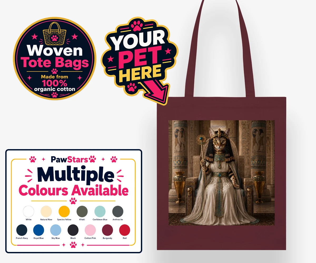 Personalised Queen Of The Nile cat woven tote bags featuring " where your feline friend commands the throne as a regal Egyptian mon
