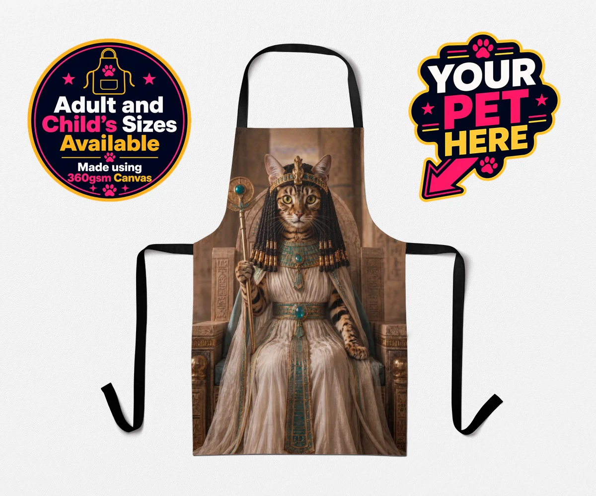 Personalised Queen Of The Nile cat aprons featuring " where your feline friend commands the throne as a regal Egyptian mon