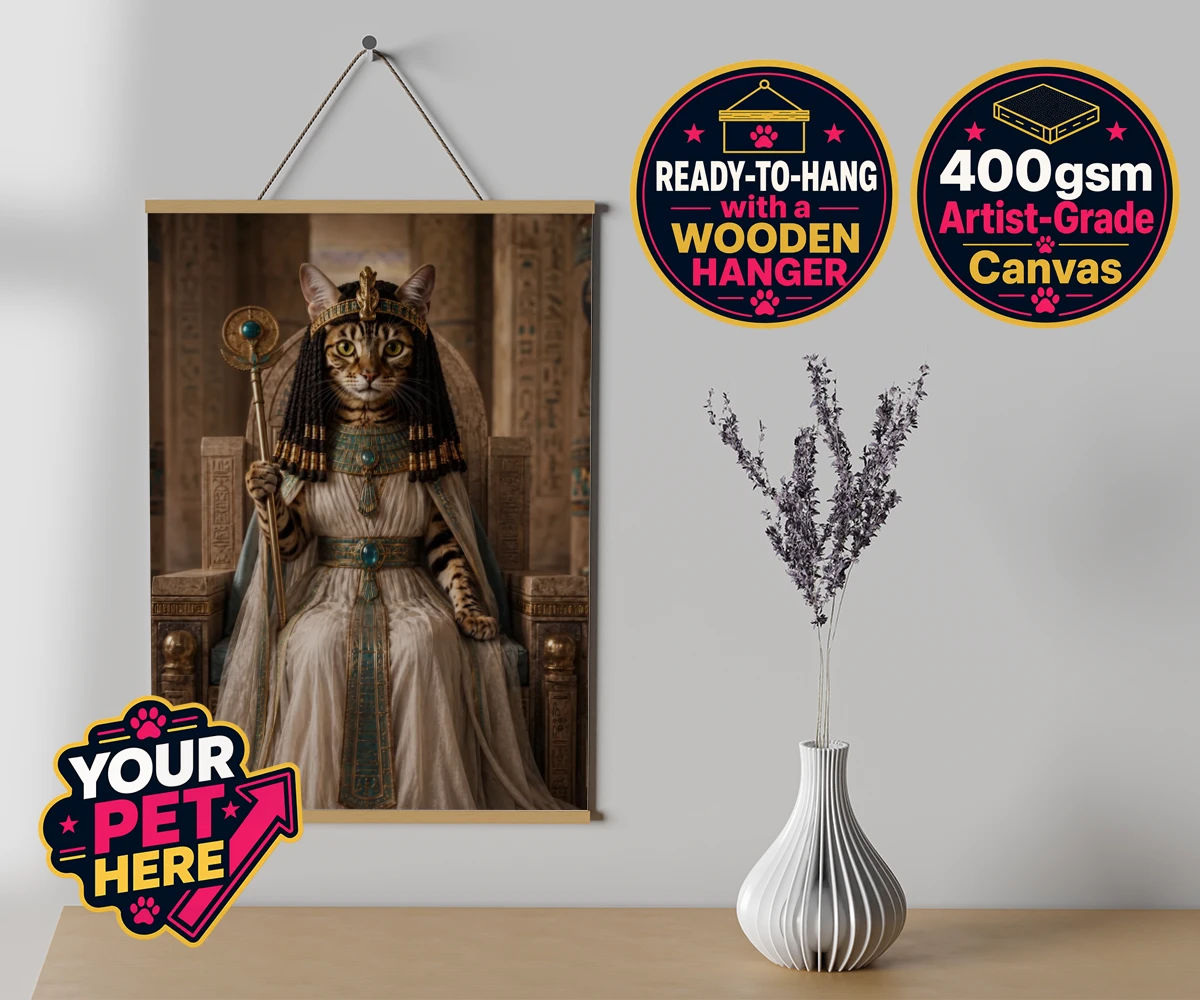 Personalised Queen Of The Nile cat canvas poster prints with hanger featuring " where your feline friend commands the throne as a regal Egyptian mon