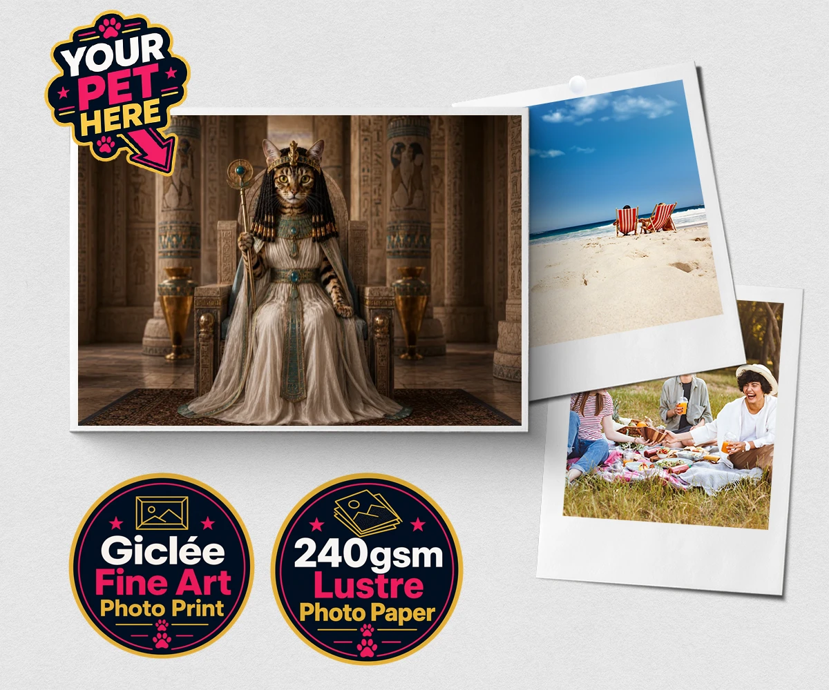 Personalised Queen Of The Nile cat premium photo print featuring " where your feline friend commands the throne as a regal Egyptian mon