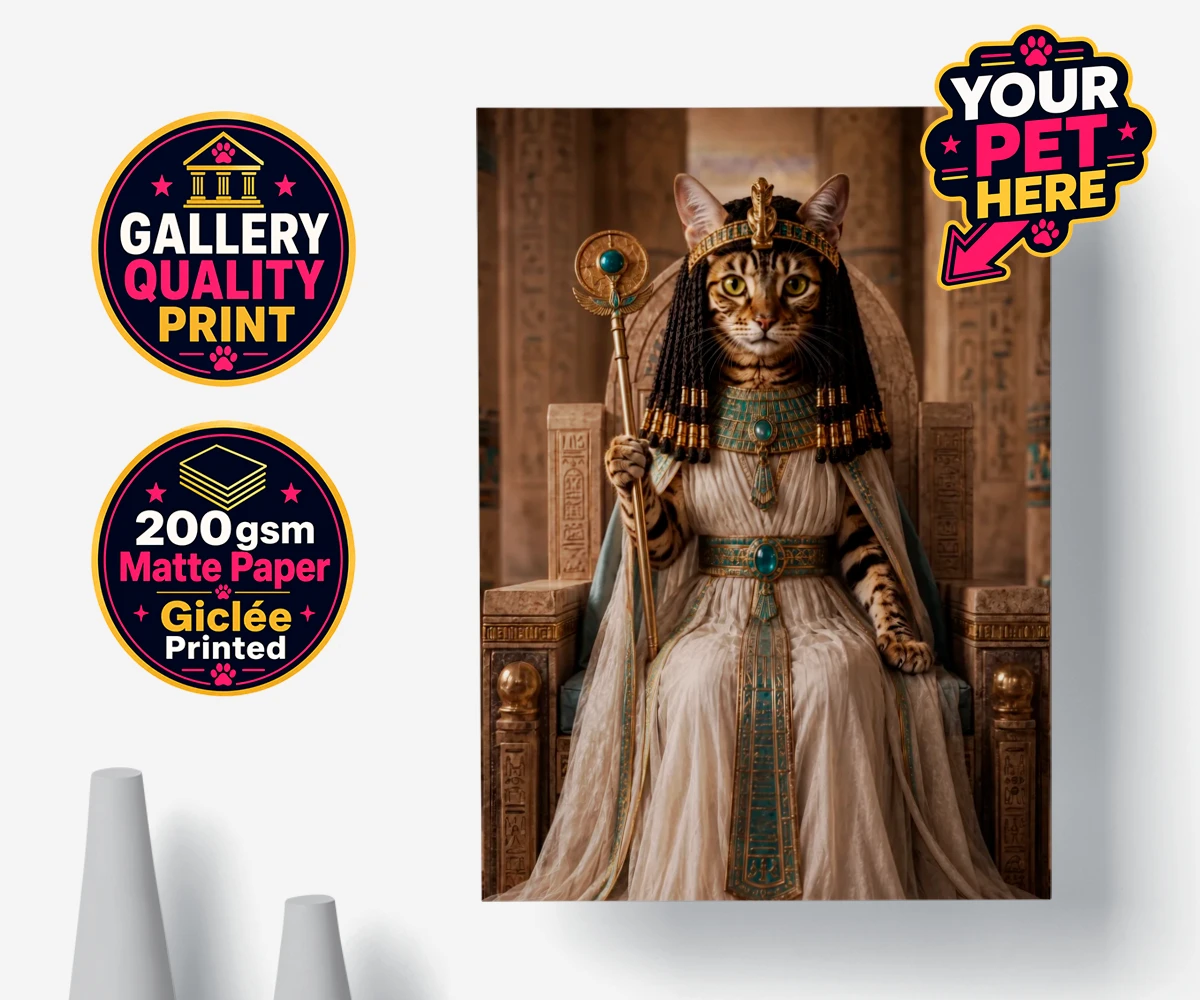 Personalised Queen Of The Nile cat premium poster print featuring " where your feline friend commands the throne as a regal Egyptian mon