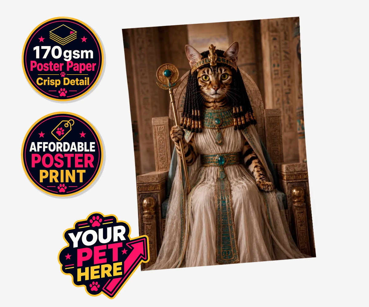 Personalised Queen Of The Nile cat standard poster print featuring " where your feline friend commands the throne as a regal Egyptian mon