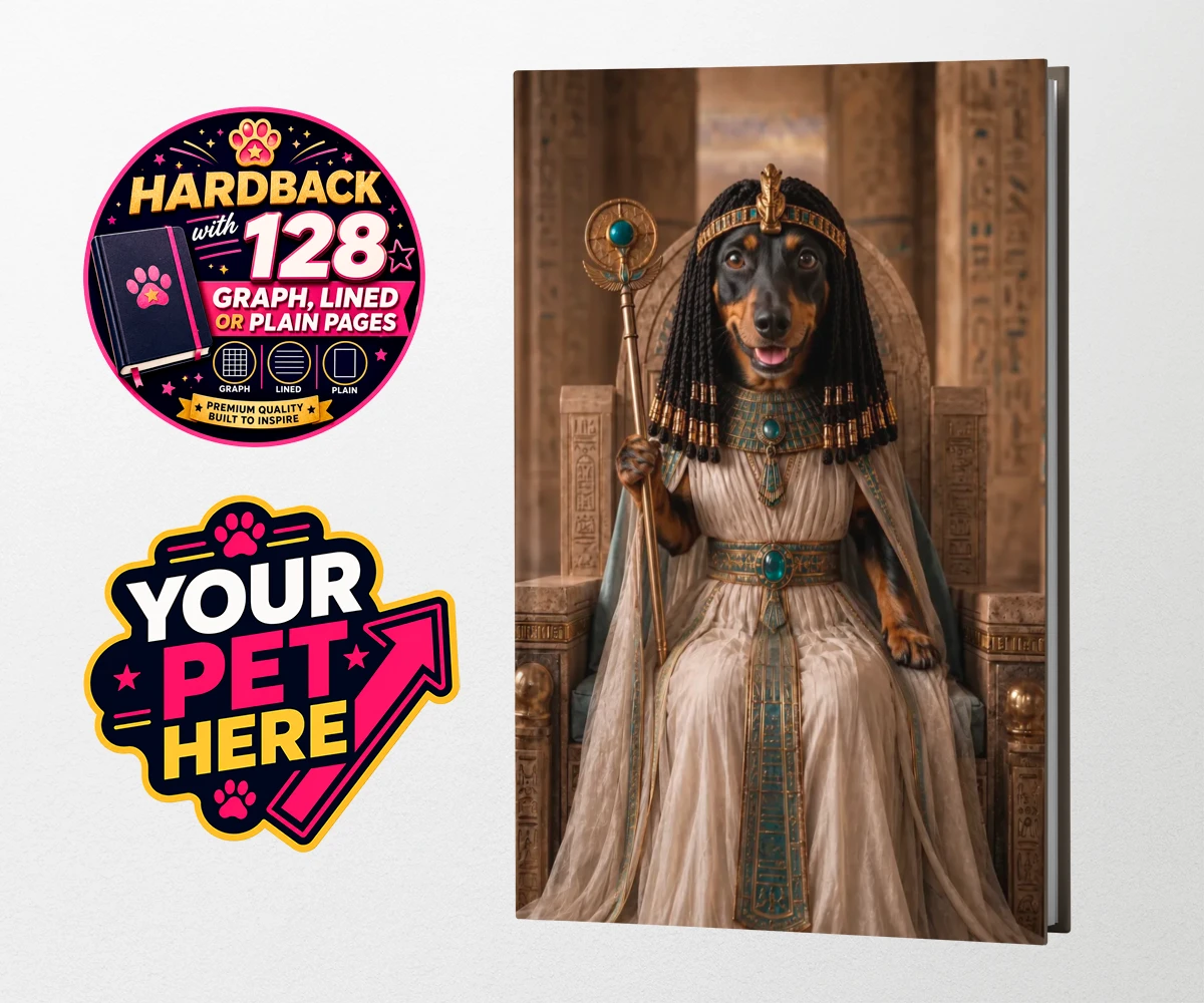 Personalised Queen Of The Nile dog hardback notebooks featuring step into the whimsical world of the Queen of the Nile, where your bel