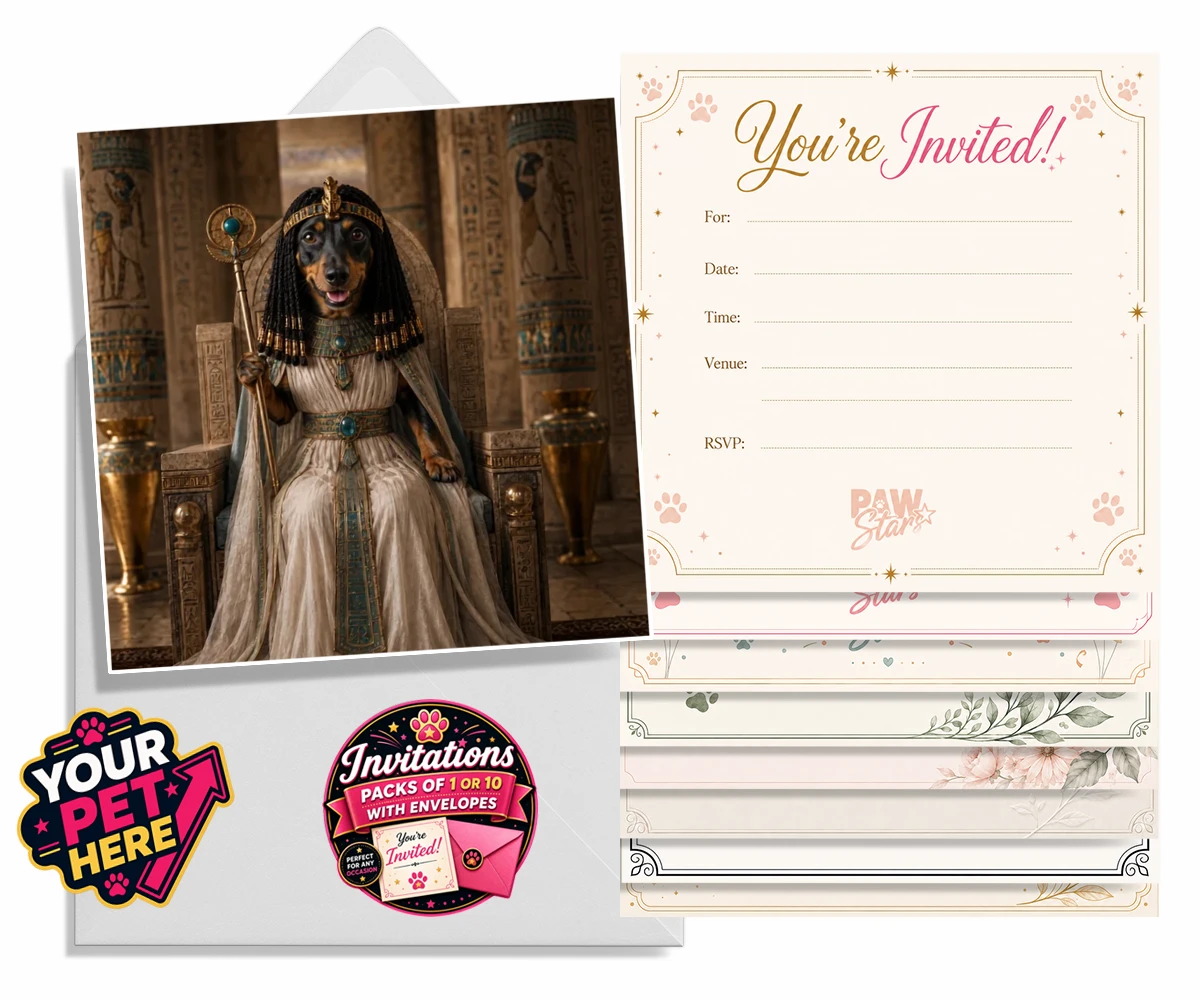 Personalised Queen Of The Nile dog invitations featuring step into the whimsical world of the Queen of the Nile, where your bel