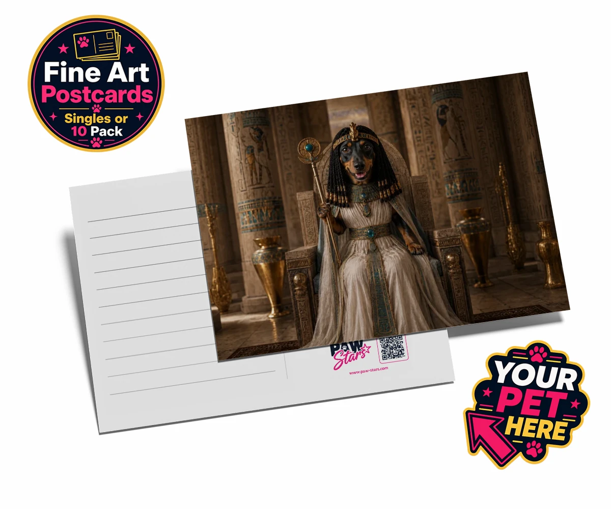 Personalised Queen Of The Nile dog postcards featuring step into the whimsical world of the Queen of the Nile, where your bel